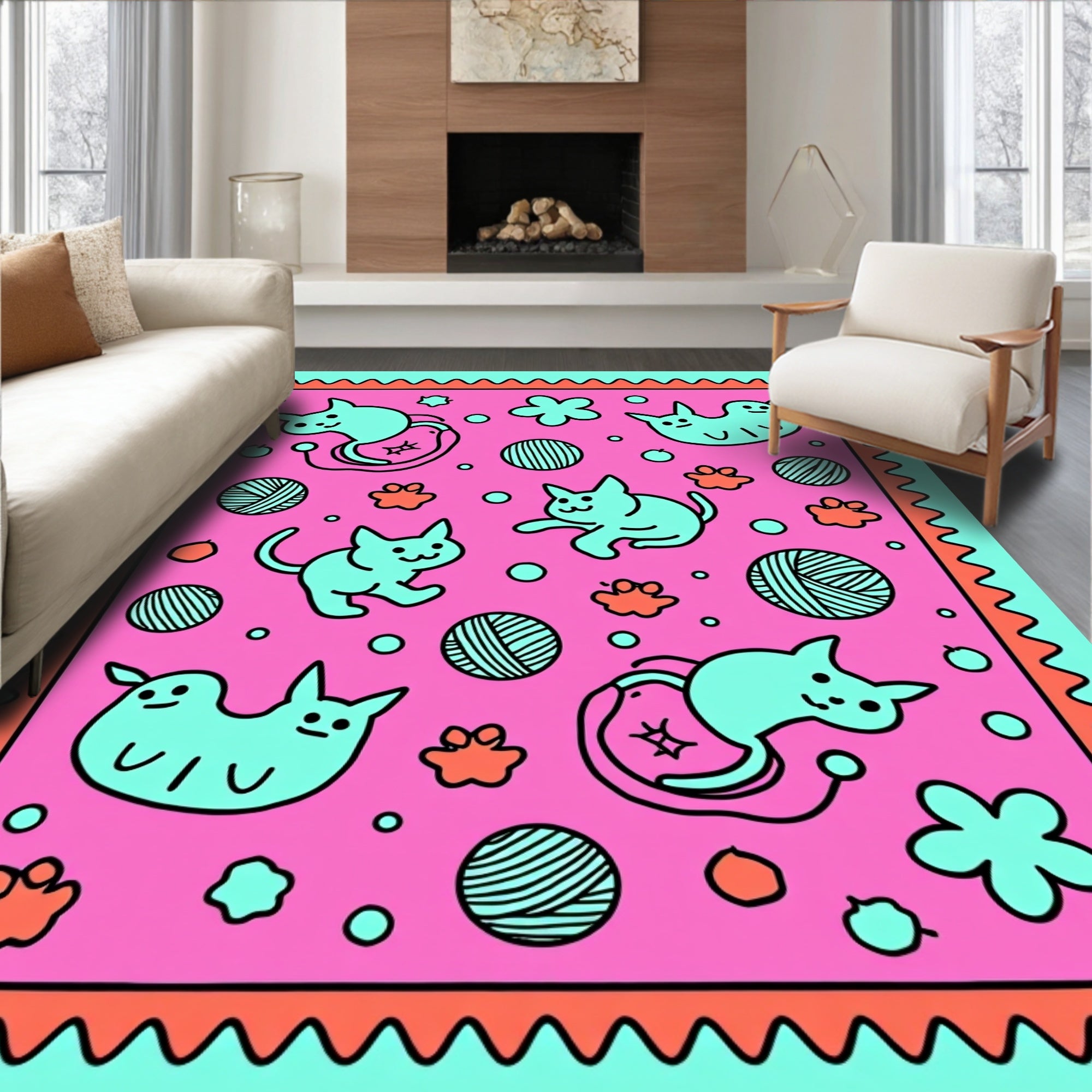 Whimsical Teal 5 Cats Pattern Rug