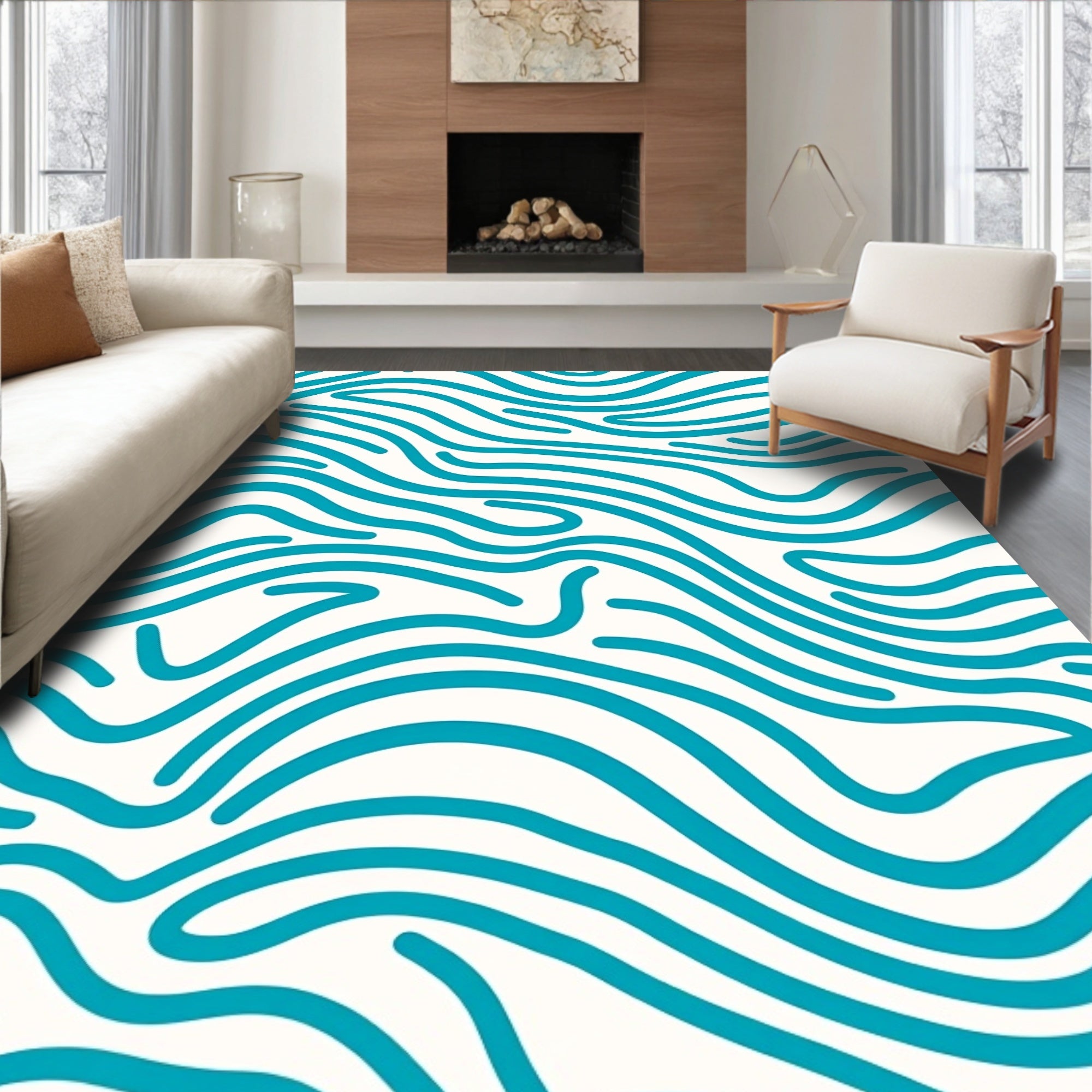 Turquoise Wavy Organic Striped Pattern Rug