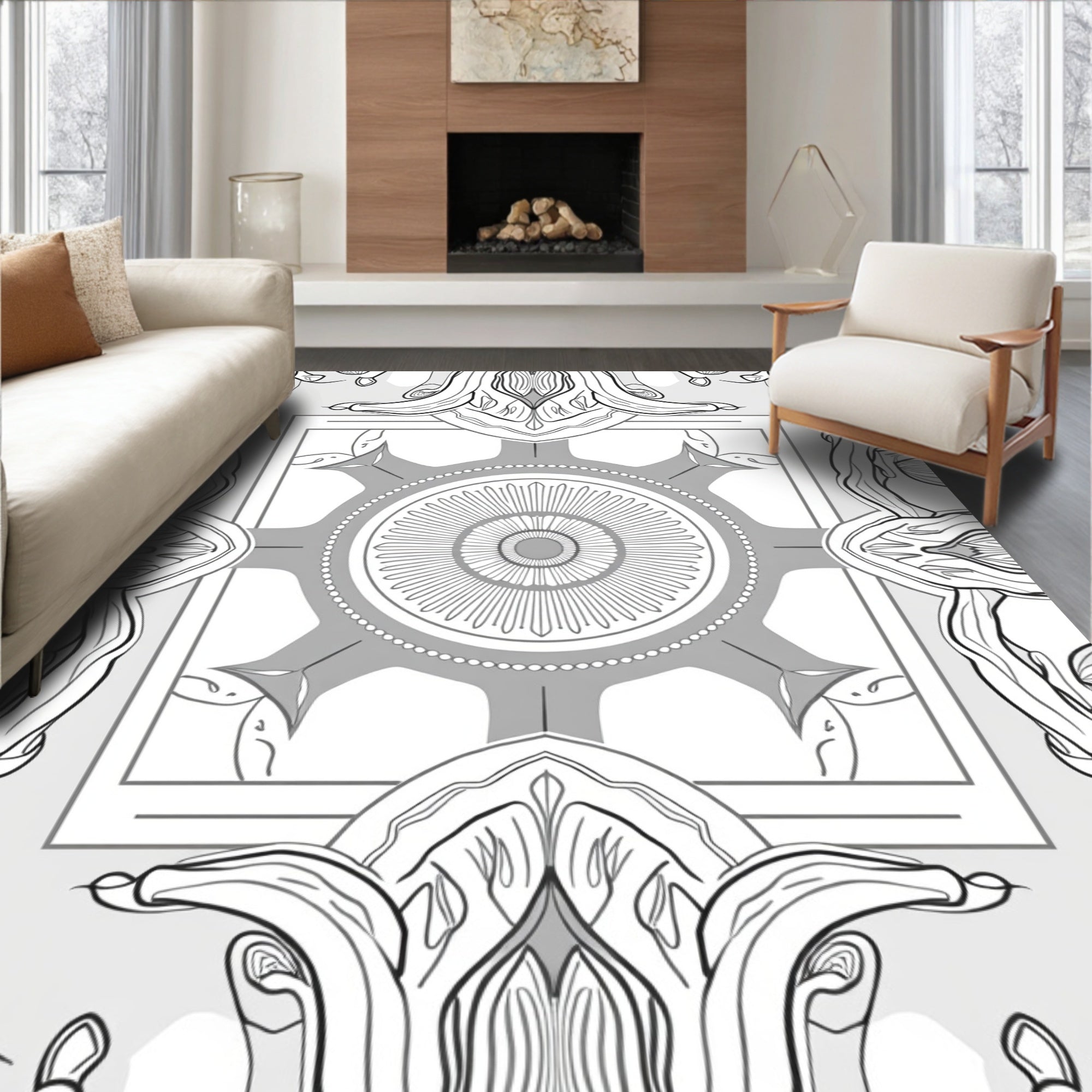 Intricate Grey Floral Medallion Pattern Rug