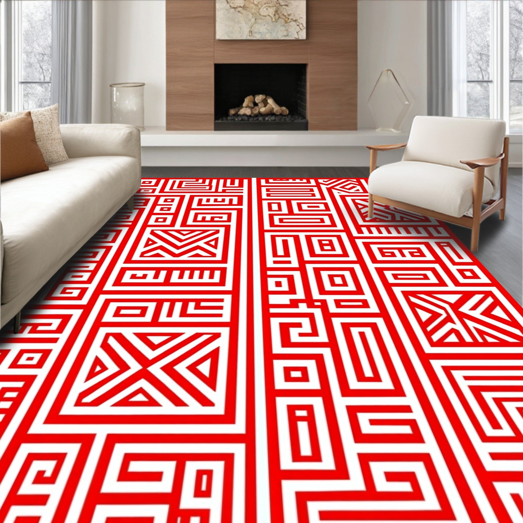 Geometric Red Maze Pattern Rug