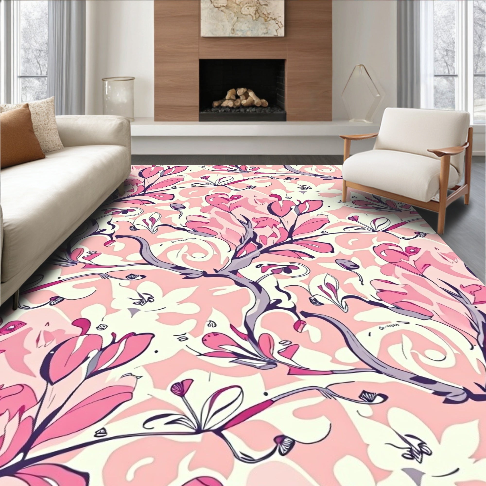 Whimsical Pink Floral Swirl Pattern Rug