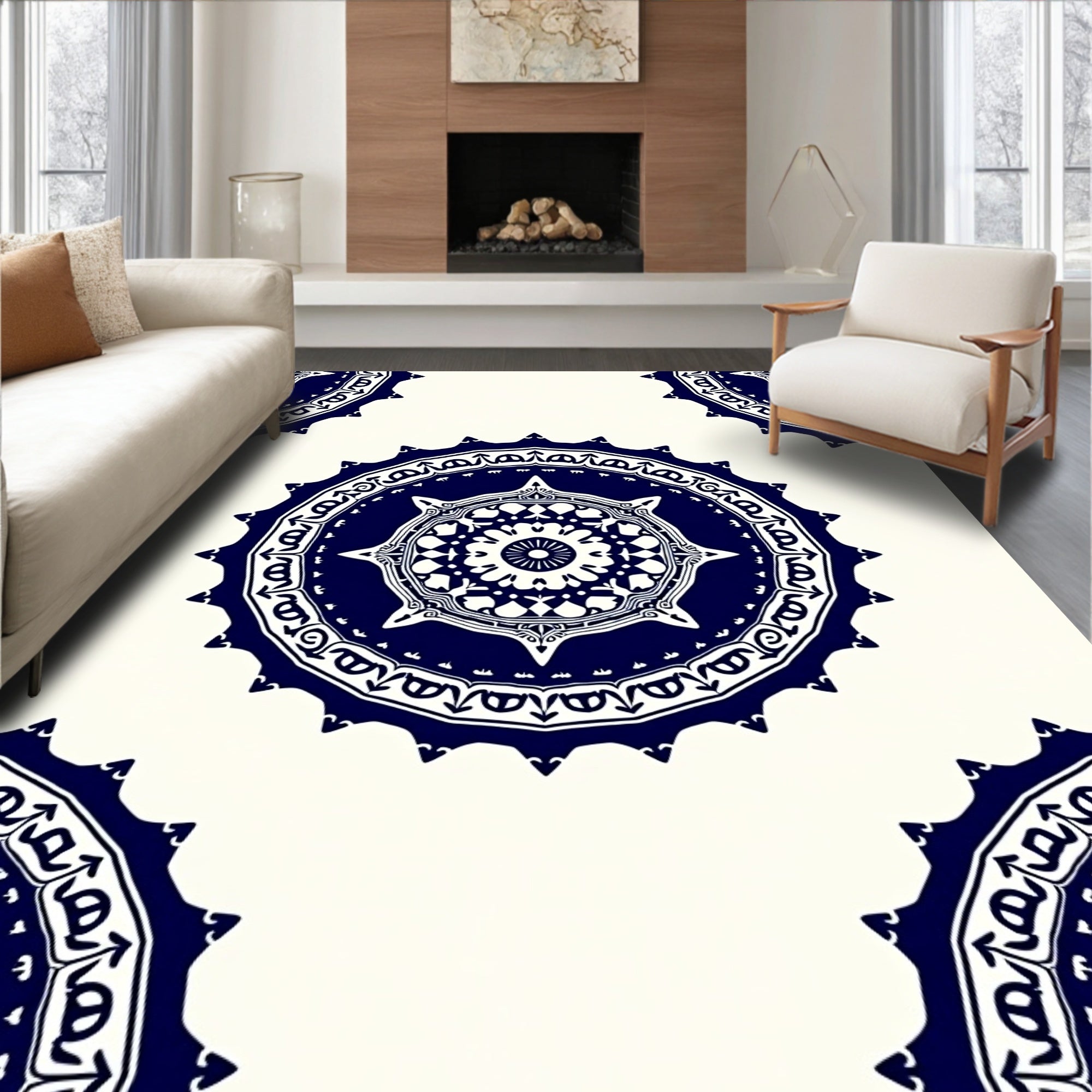 Indigo Cream Mandala Design Rug
