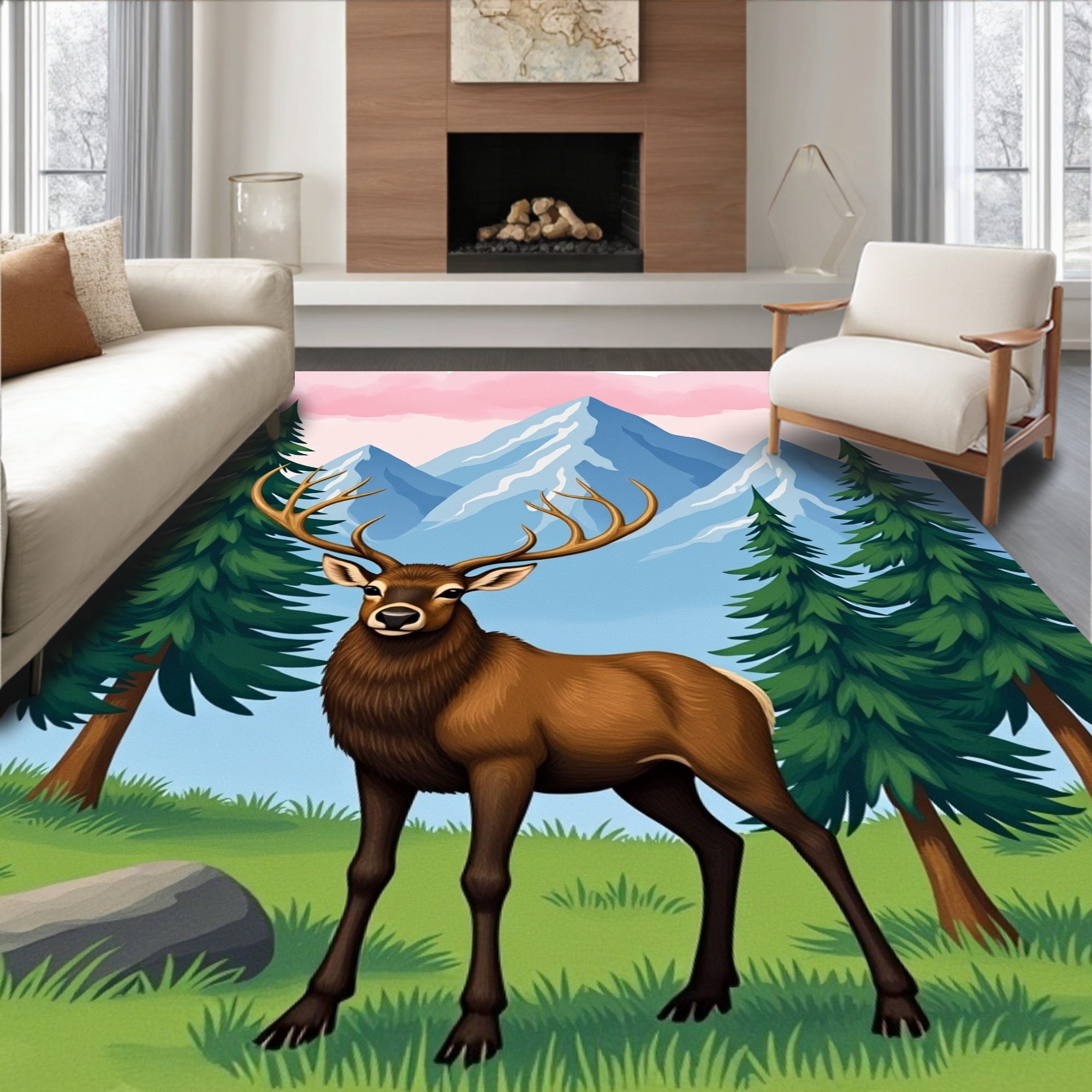Majestic Elk Mountain Pine Scene Rug