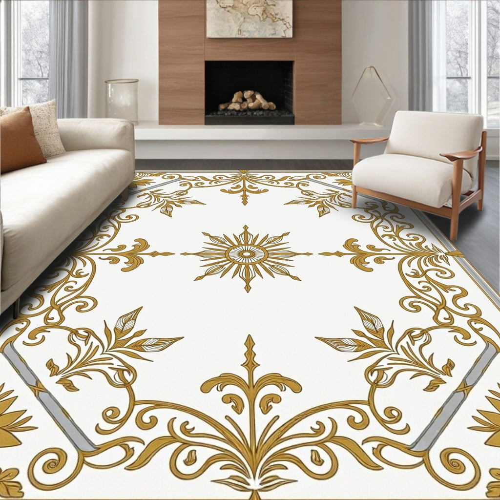 Elegant Gold Sunburst Scrollwork Rug
