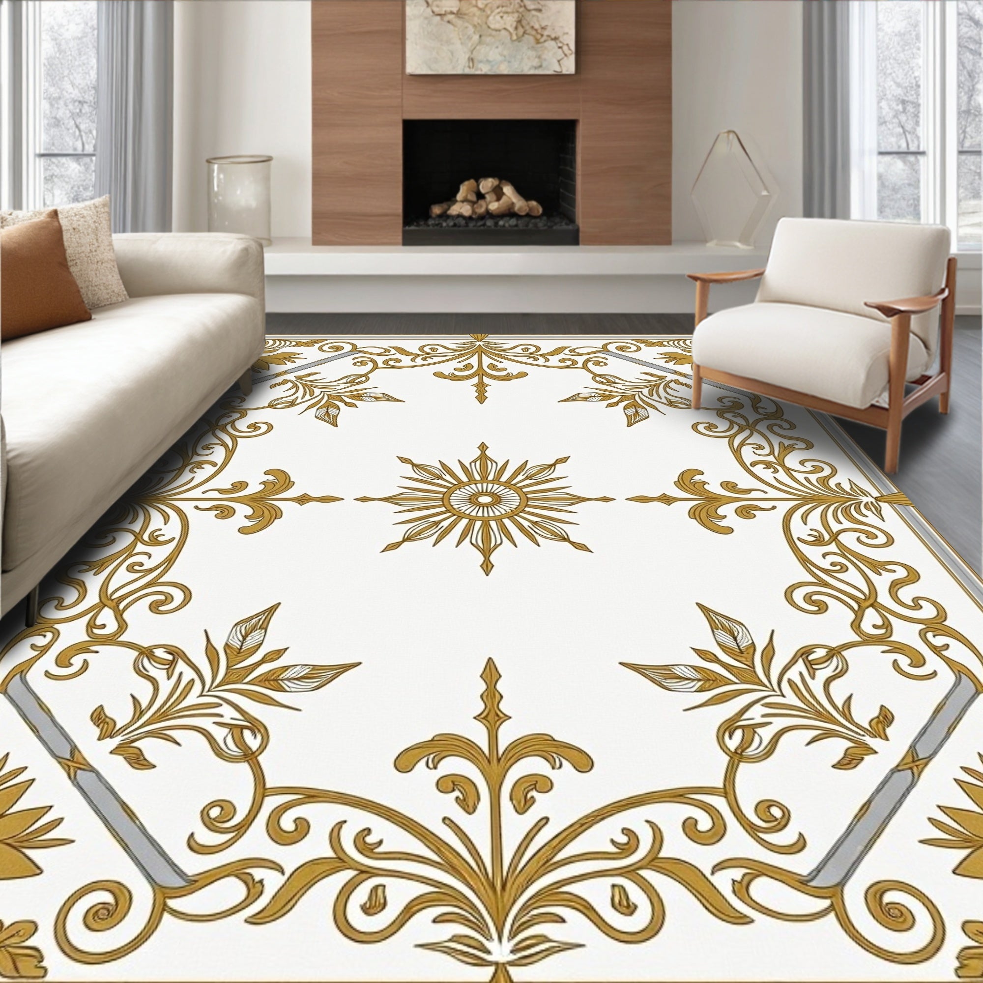 Elegant Gold Sunburst Scrollwork Rug