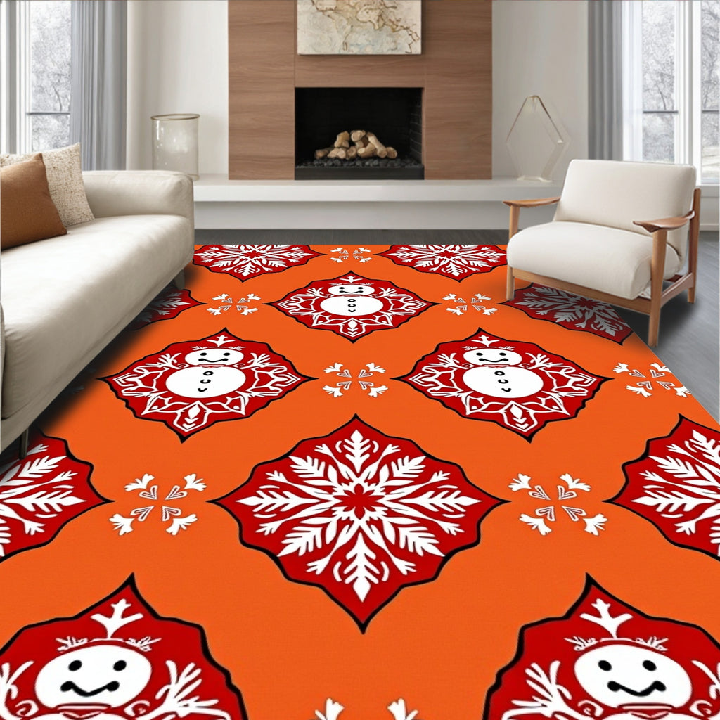 Orange Snowman Snowflake Pattern Rug