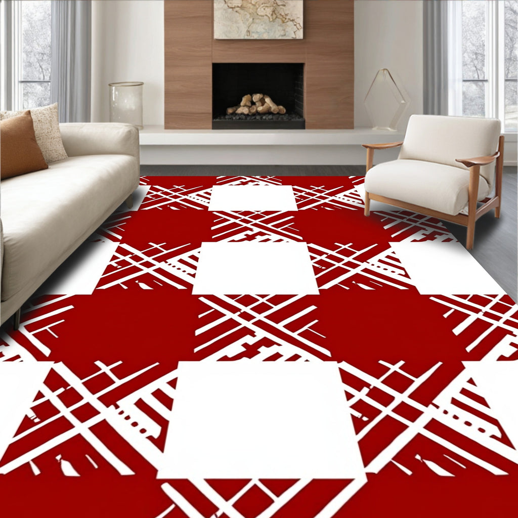 Bold Red White Checkered Design Rug