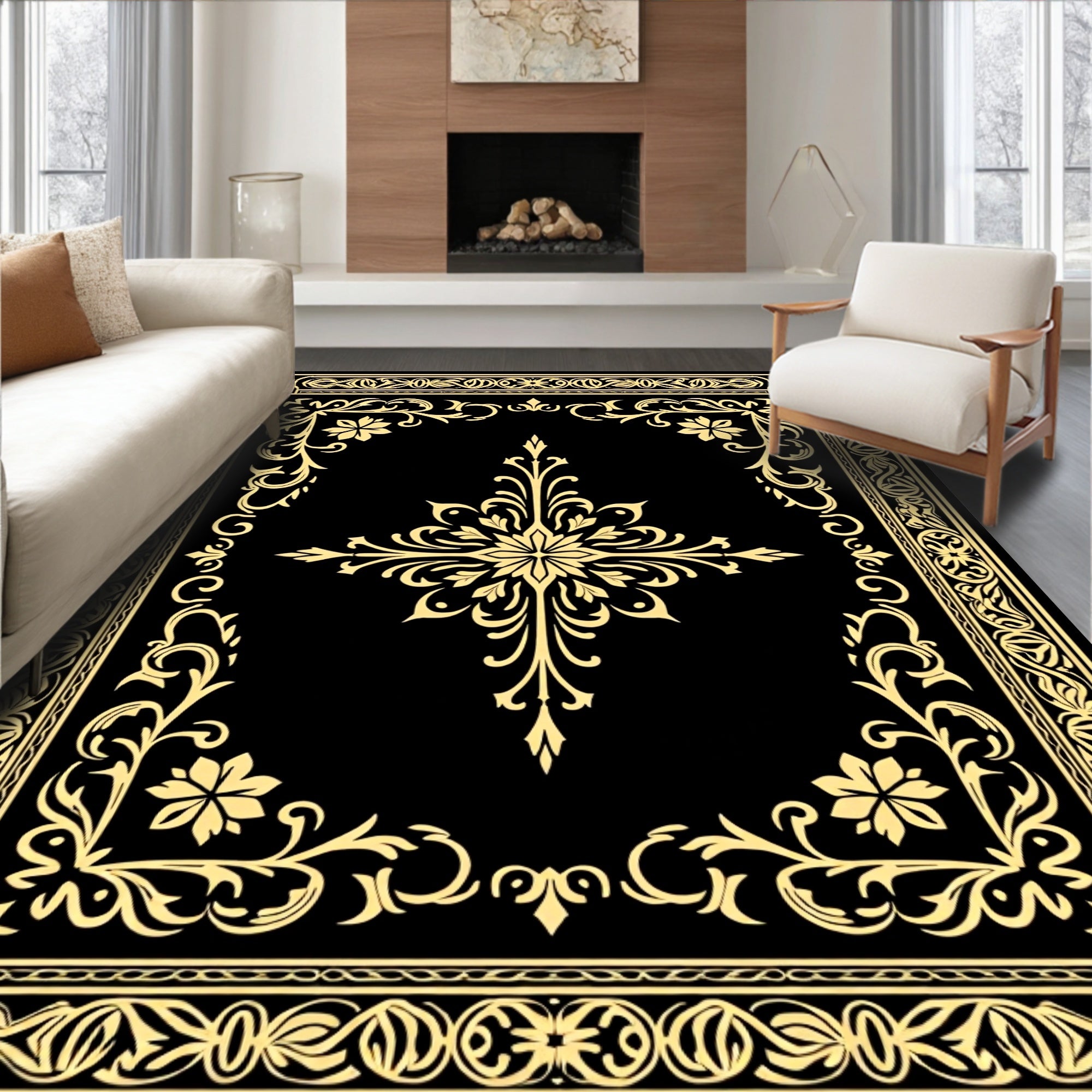 Elegant Gold Floral Scroll Border Rug