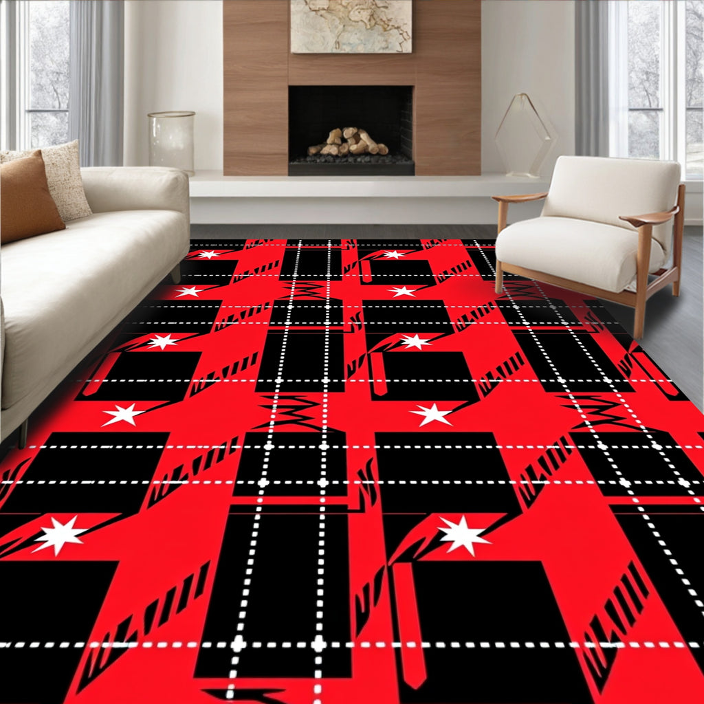 Bold Red Black White Plaid Stars Rug