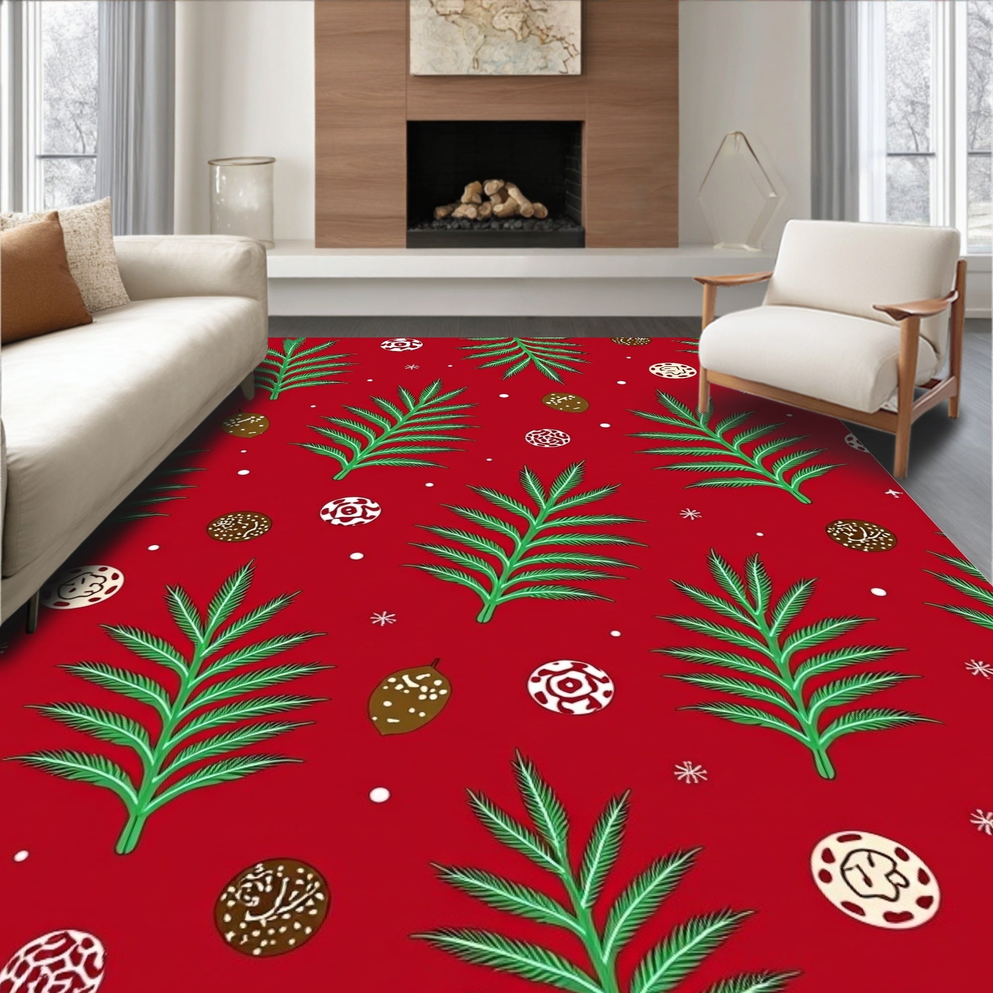 Festive Green Ferns Ornaments Pattern Rug