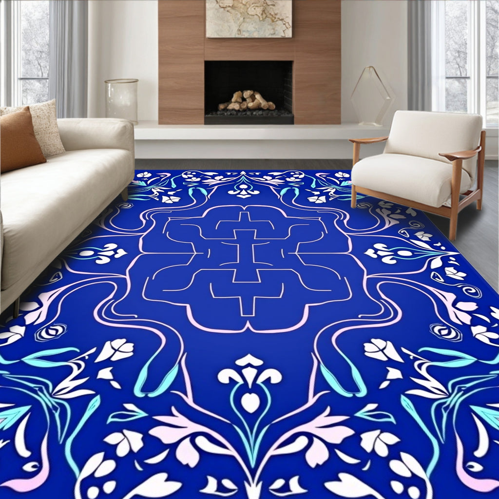Elegant Blue Floral Symmetry Rug