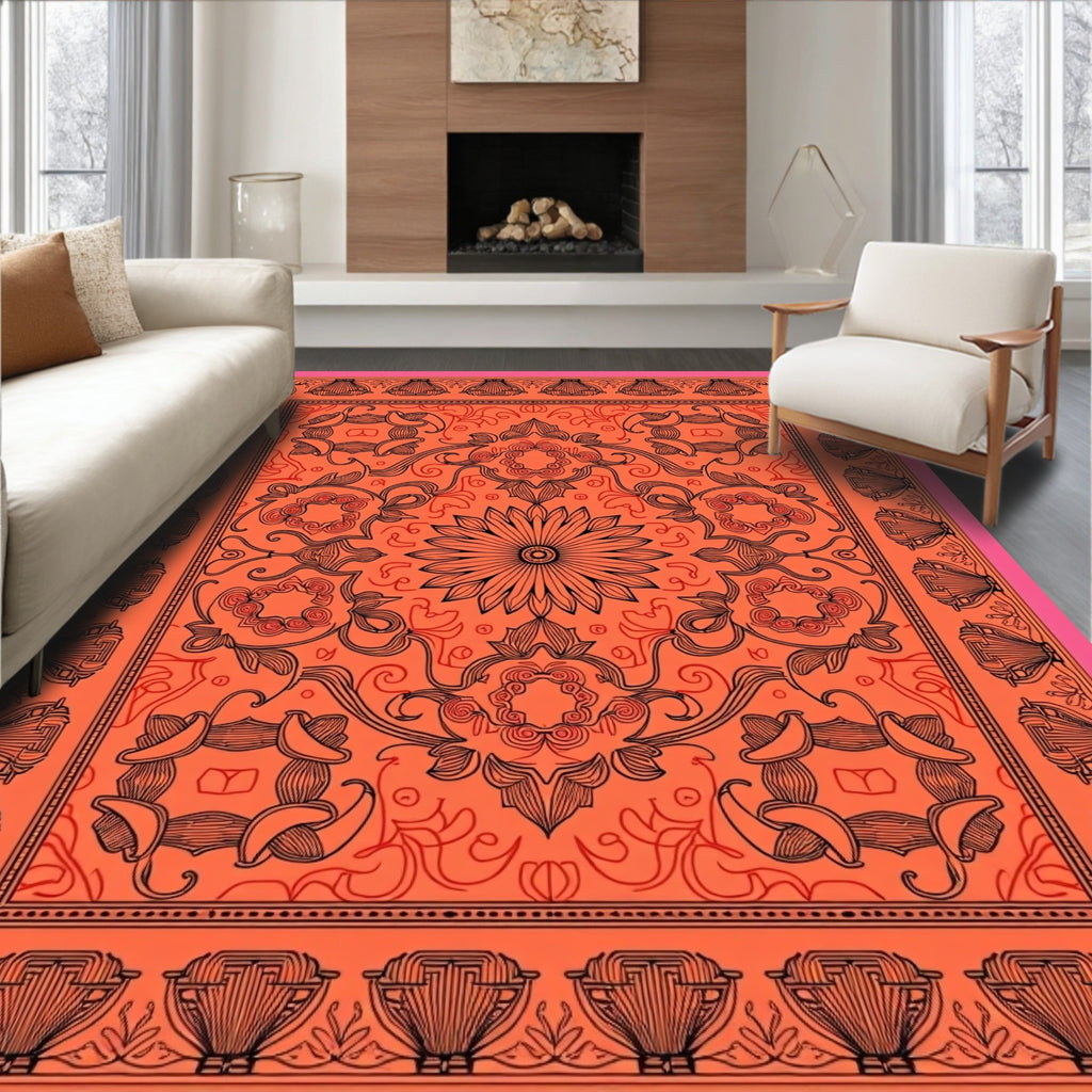 Vibrant Coral Black Floral Mandala Rug