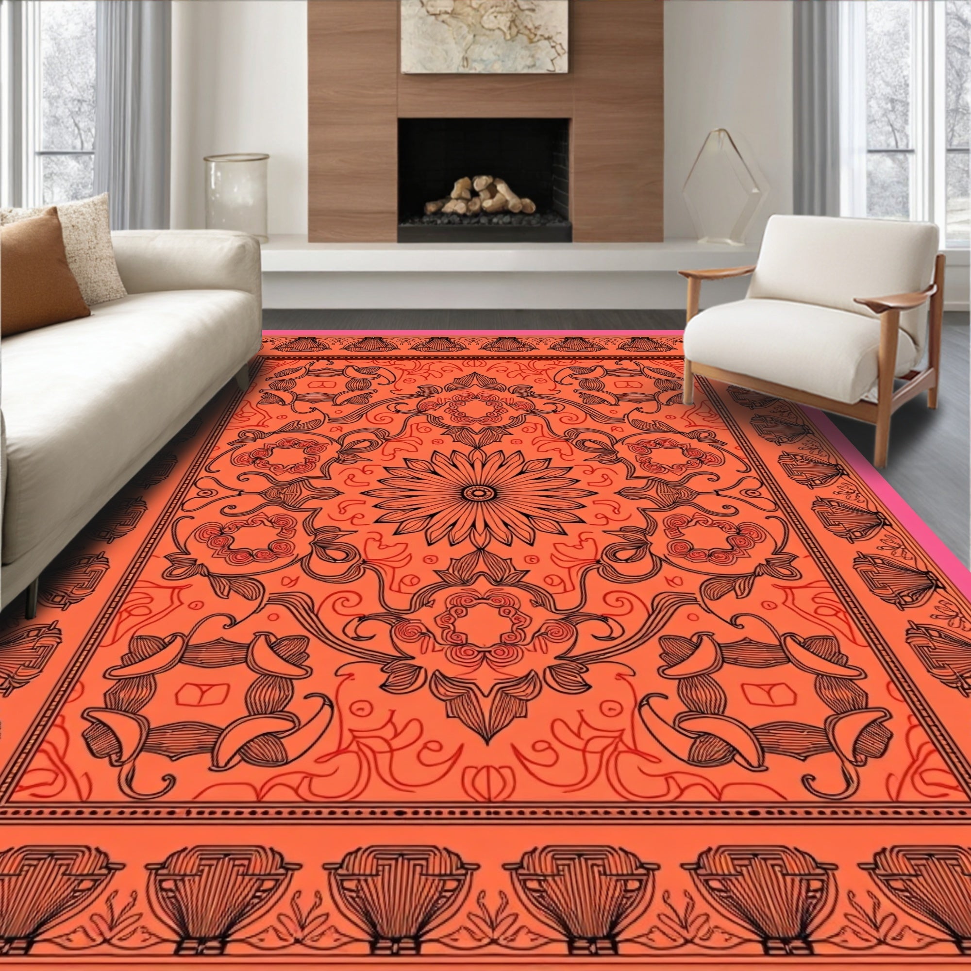 Vibrant Coral Black Floral Mandala Rug
