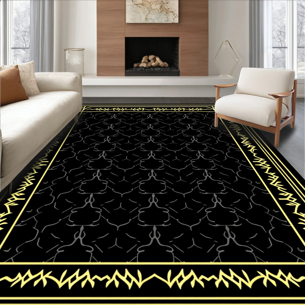 Ornate Black Gold Geometric Pattern Rug
