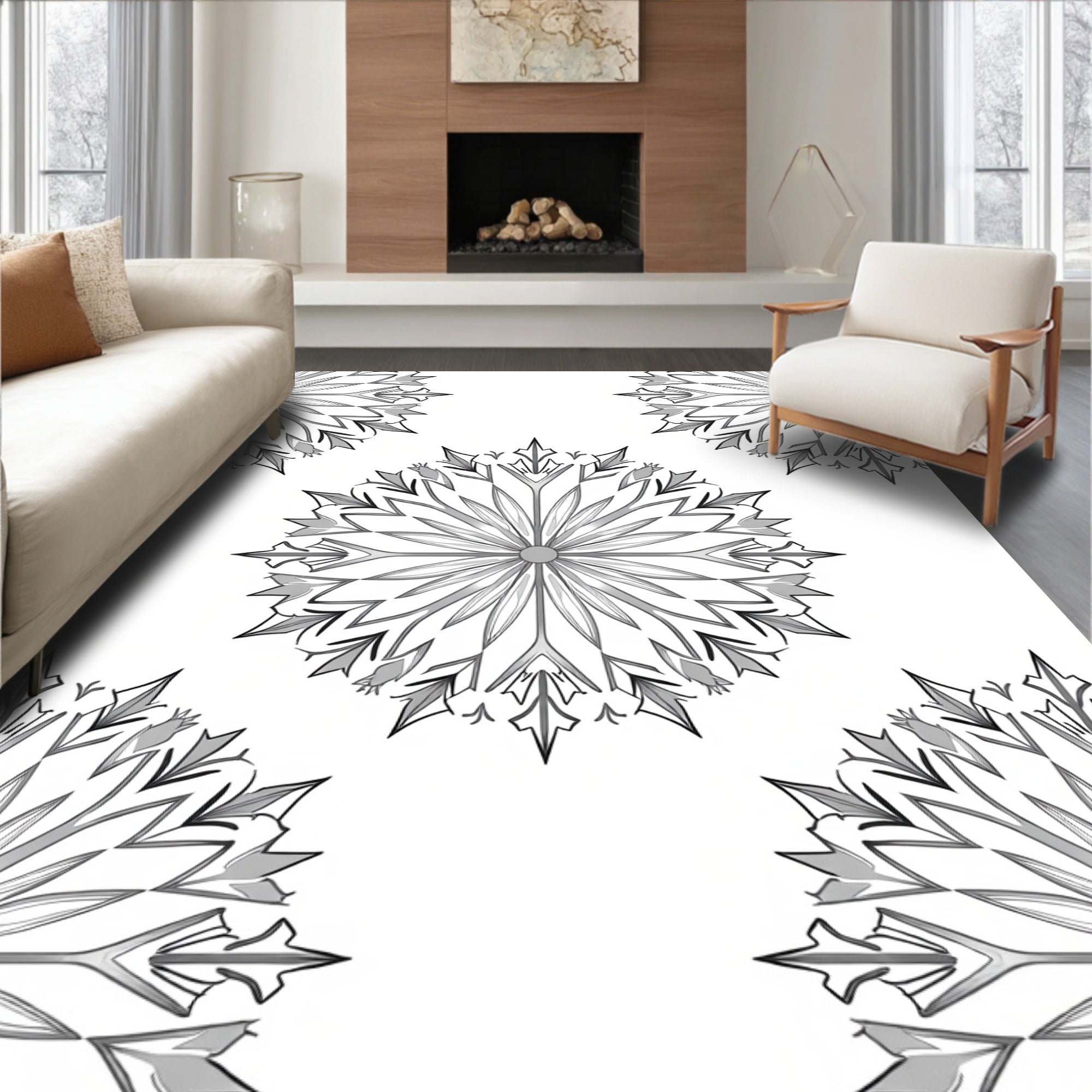 Intricate Black White Starburst Pattern Rug