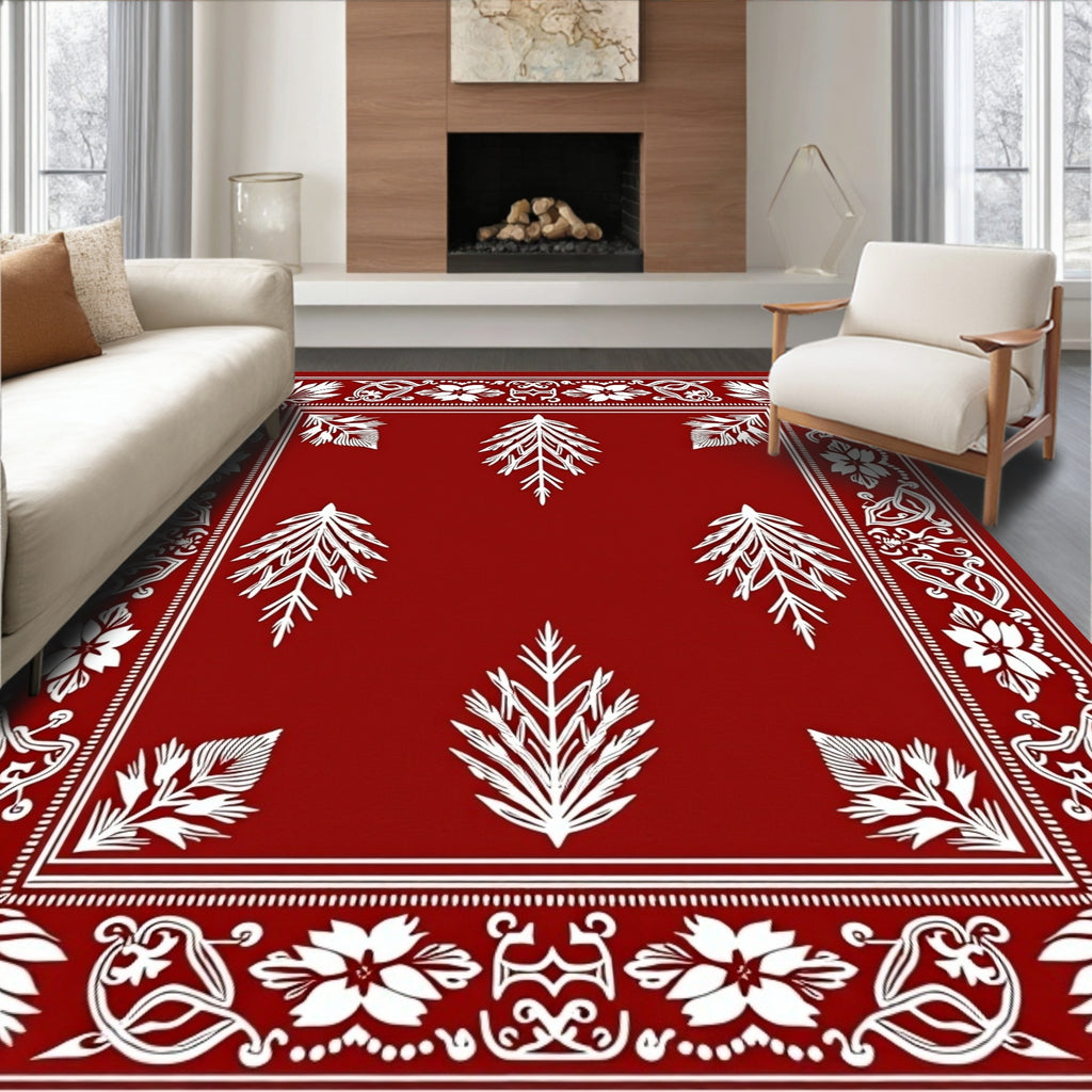 Bold Red White Floral Branch Design Rug