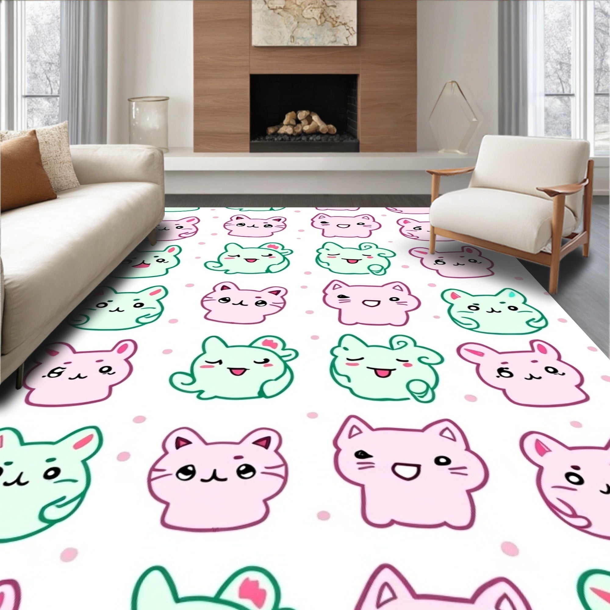 Cute Pastel Cat Faces Pattern Rug