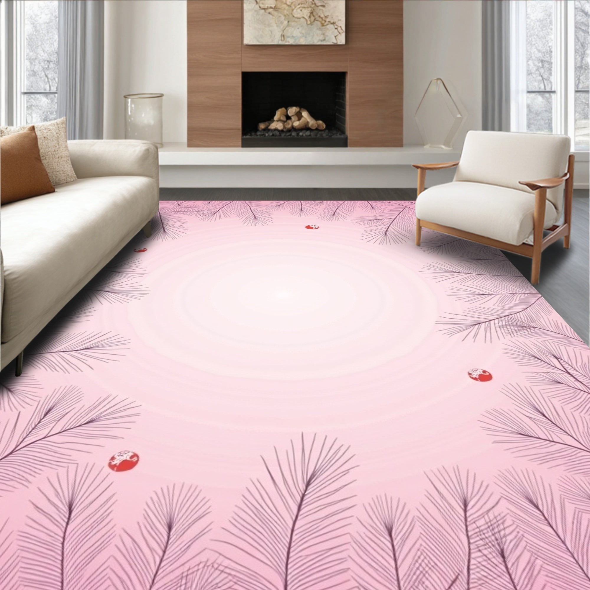 Pink Feather Vines with Red Orbs Rug