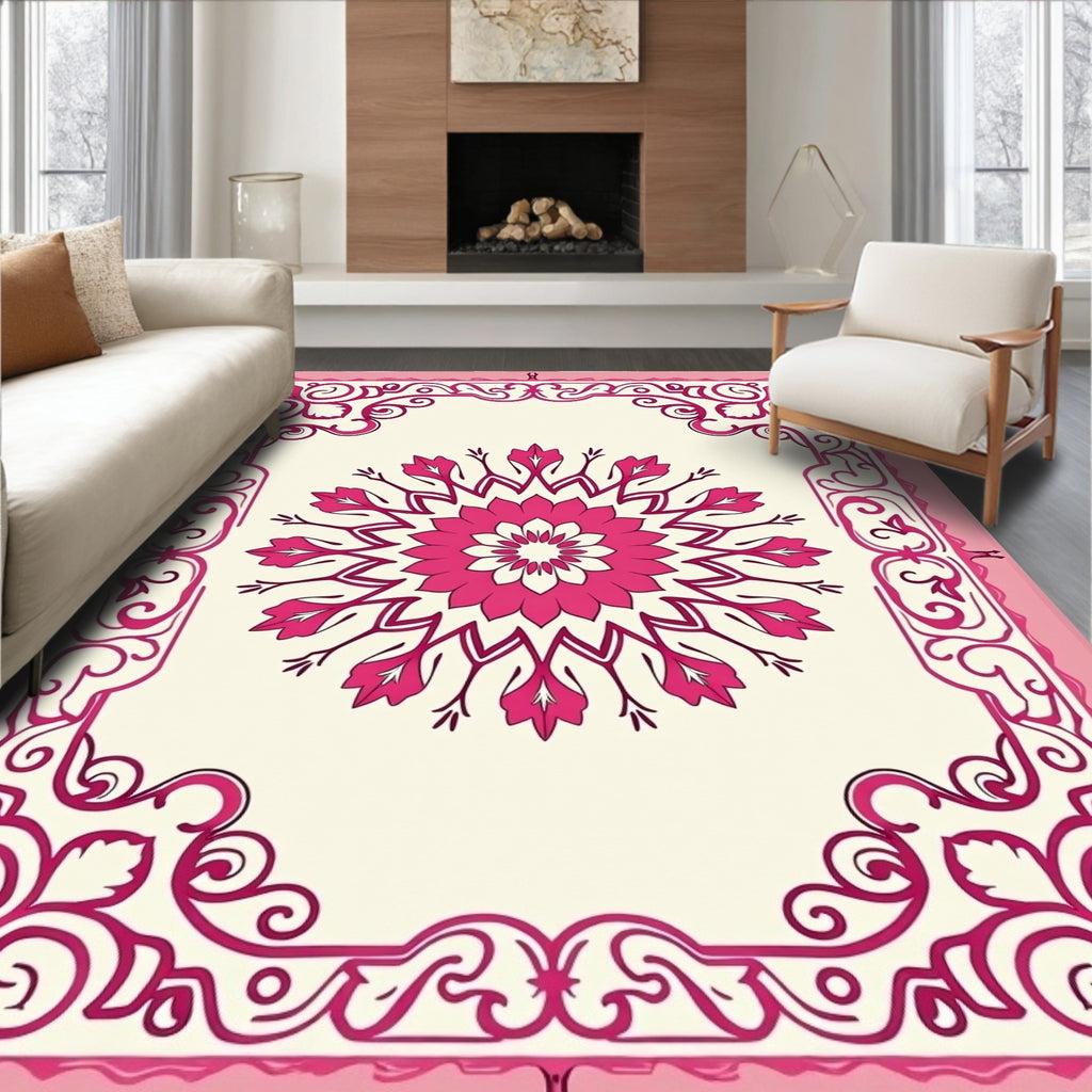 Pink Floral Medallion Frame Design Rug
