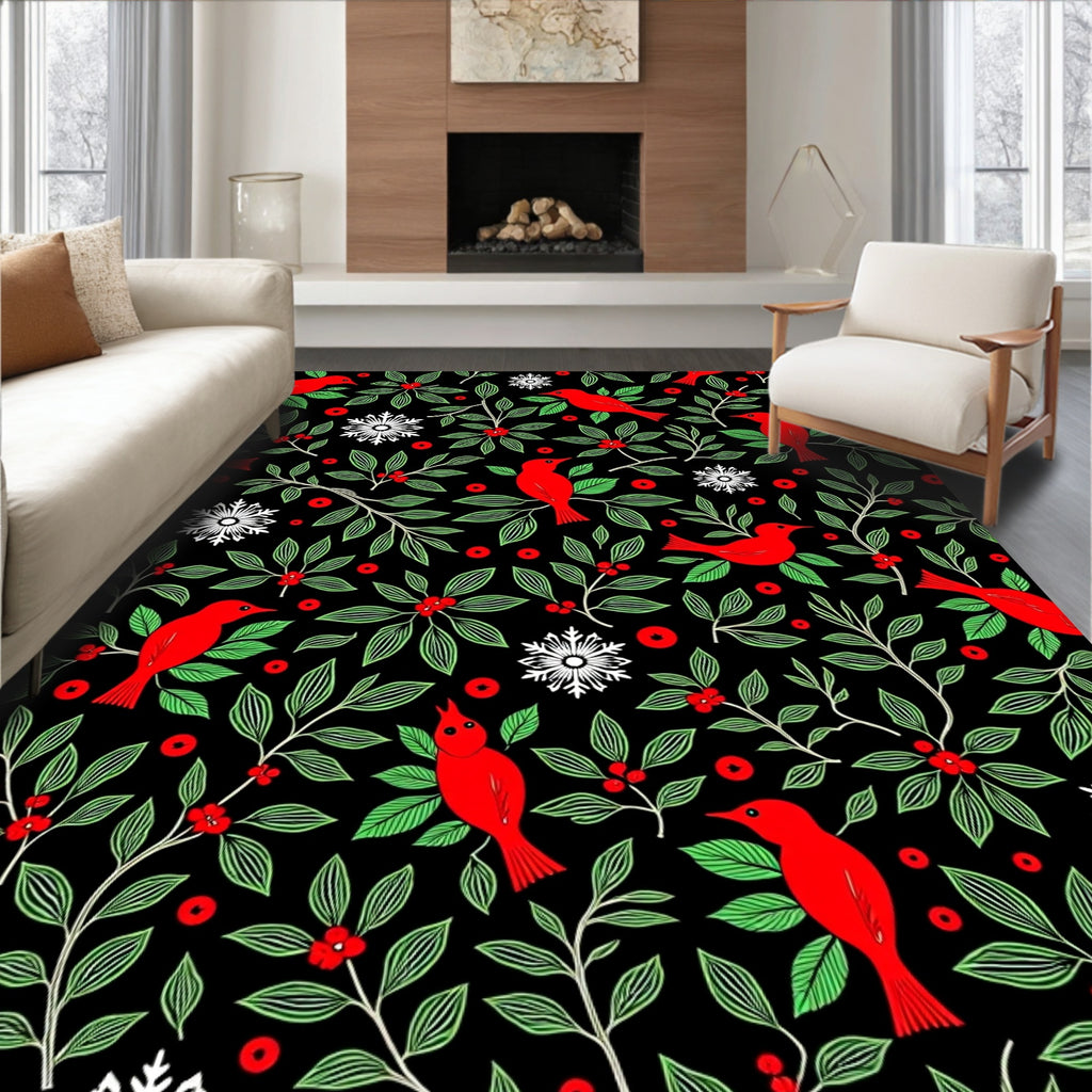 Red Cardinals Green Foliage Snowflakes Rug
