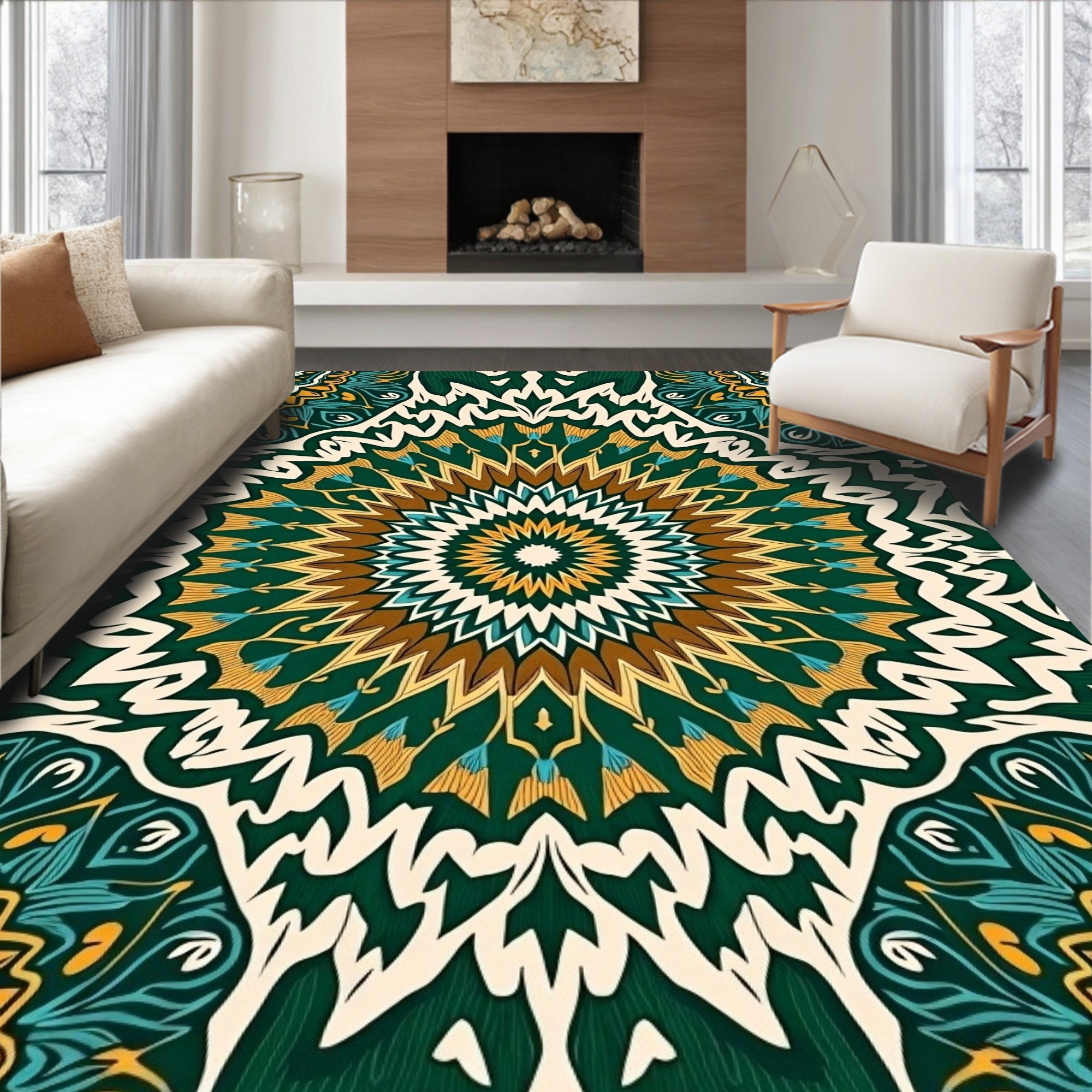 Green And Gold Mandala Pattern Rug