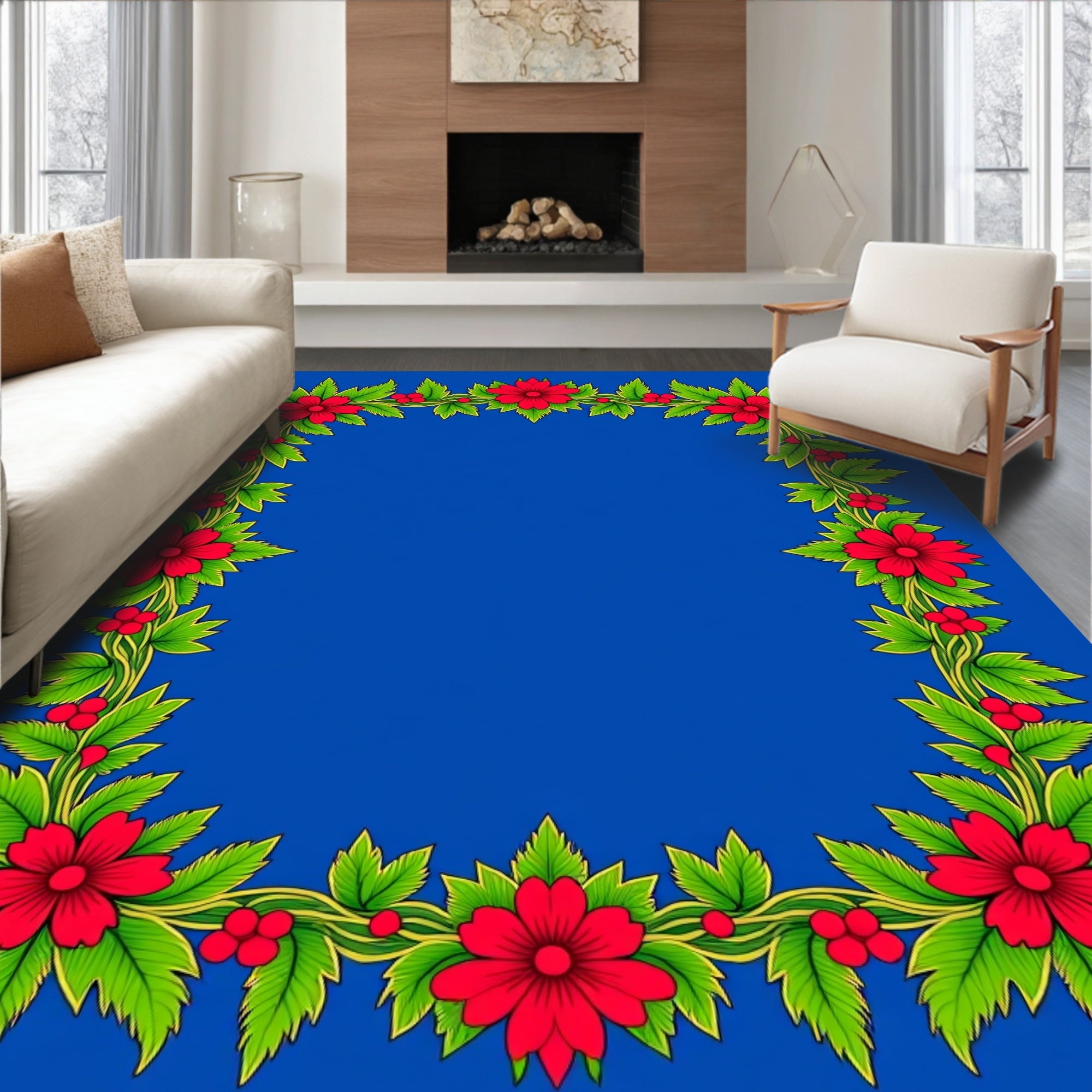 Vibrant Floral Vine Border Design Rug
