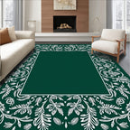 Elegant White Leaf Scroll Border Rug