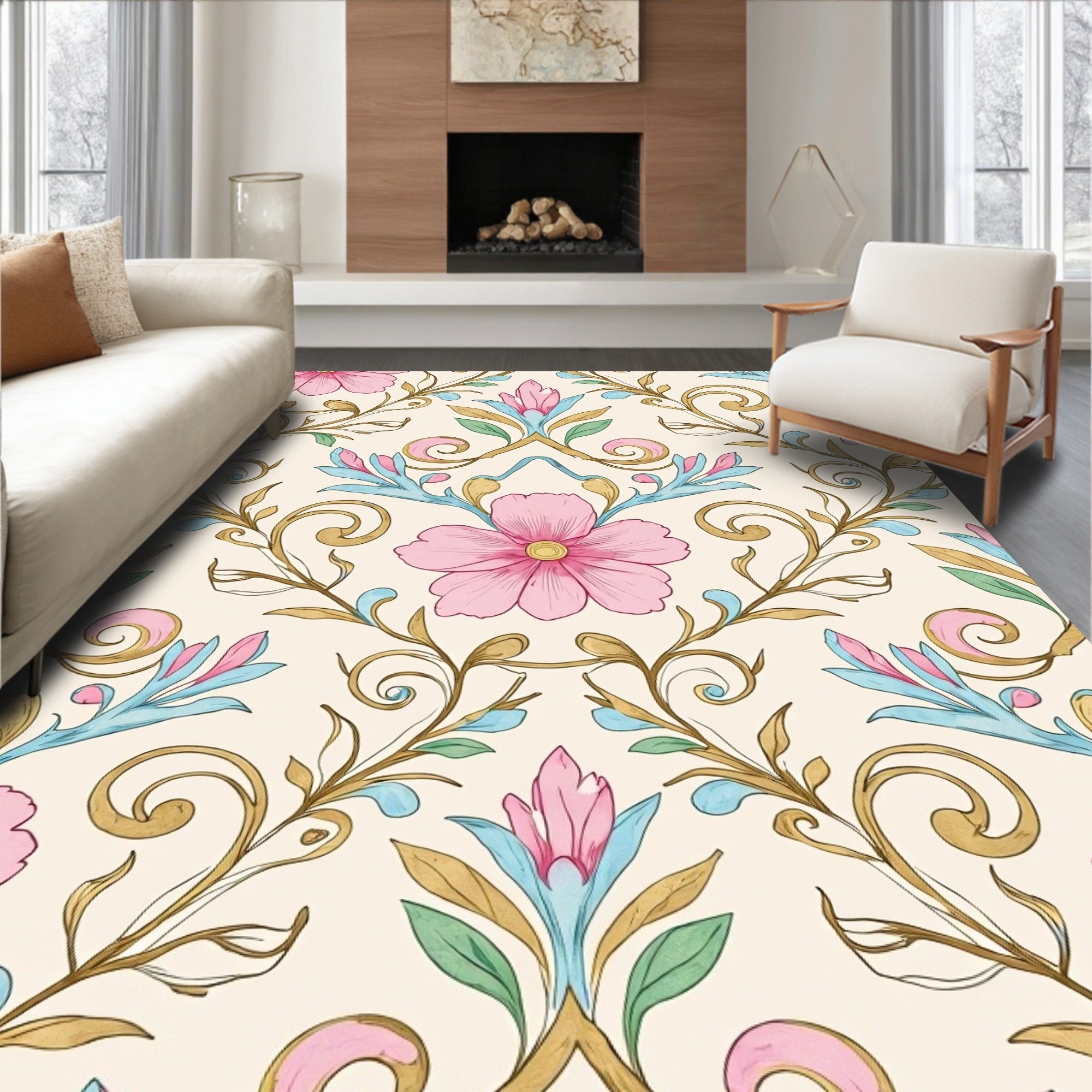 Floral Swirls And Petals Pattern Rug