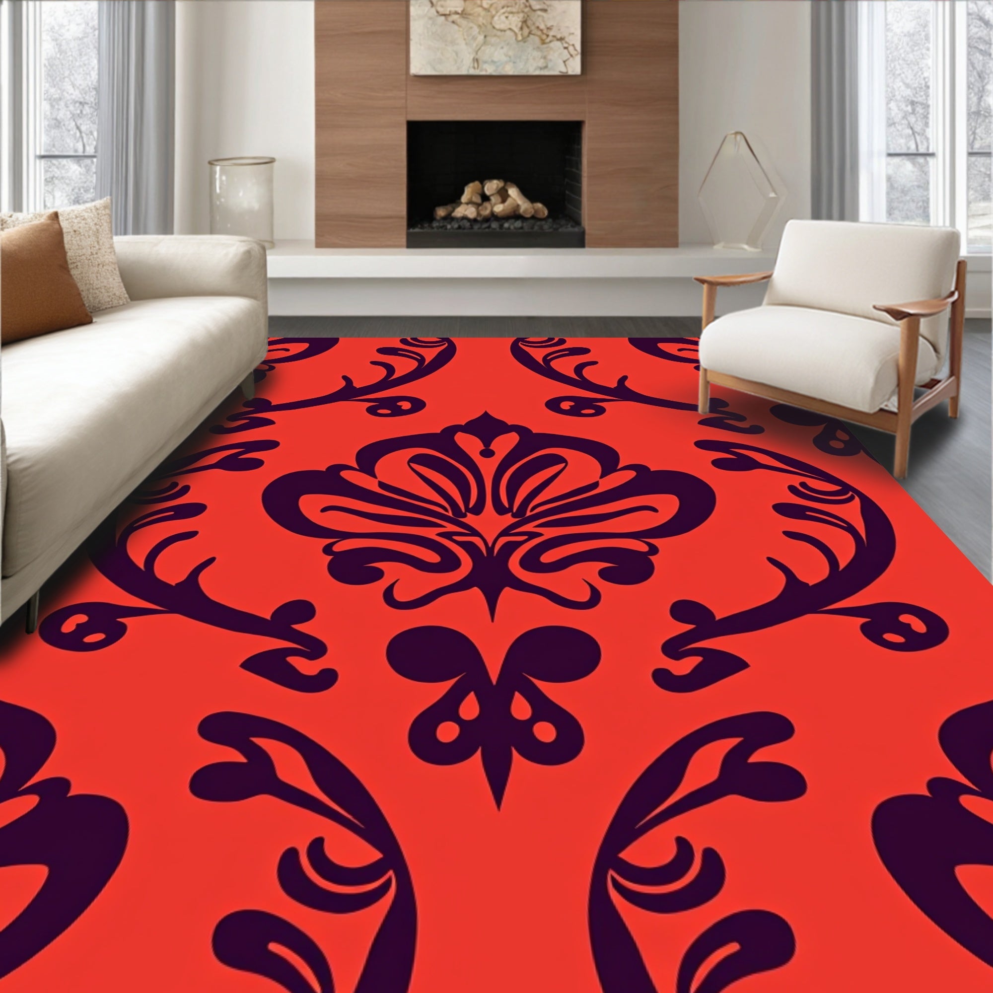 Bold Damask Floral Pattern Rug