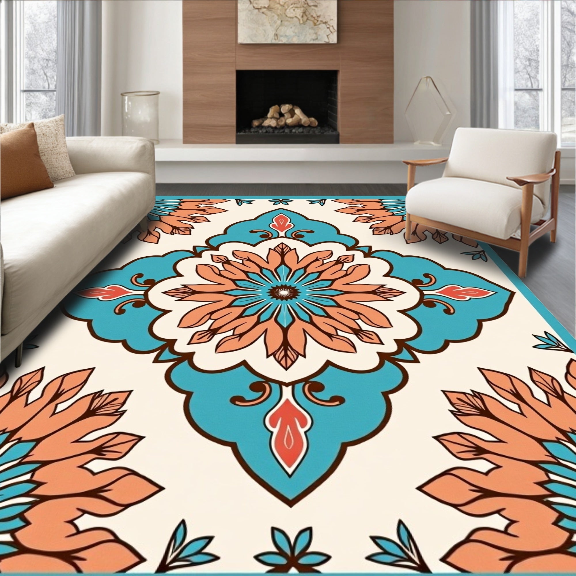 Retro Teal Orange Floral Mandala Rug