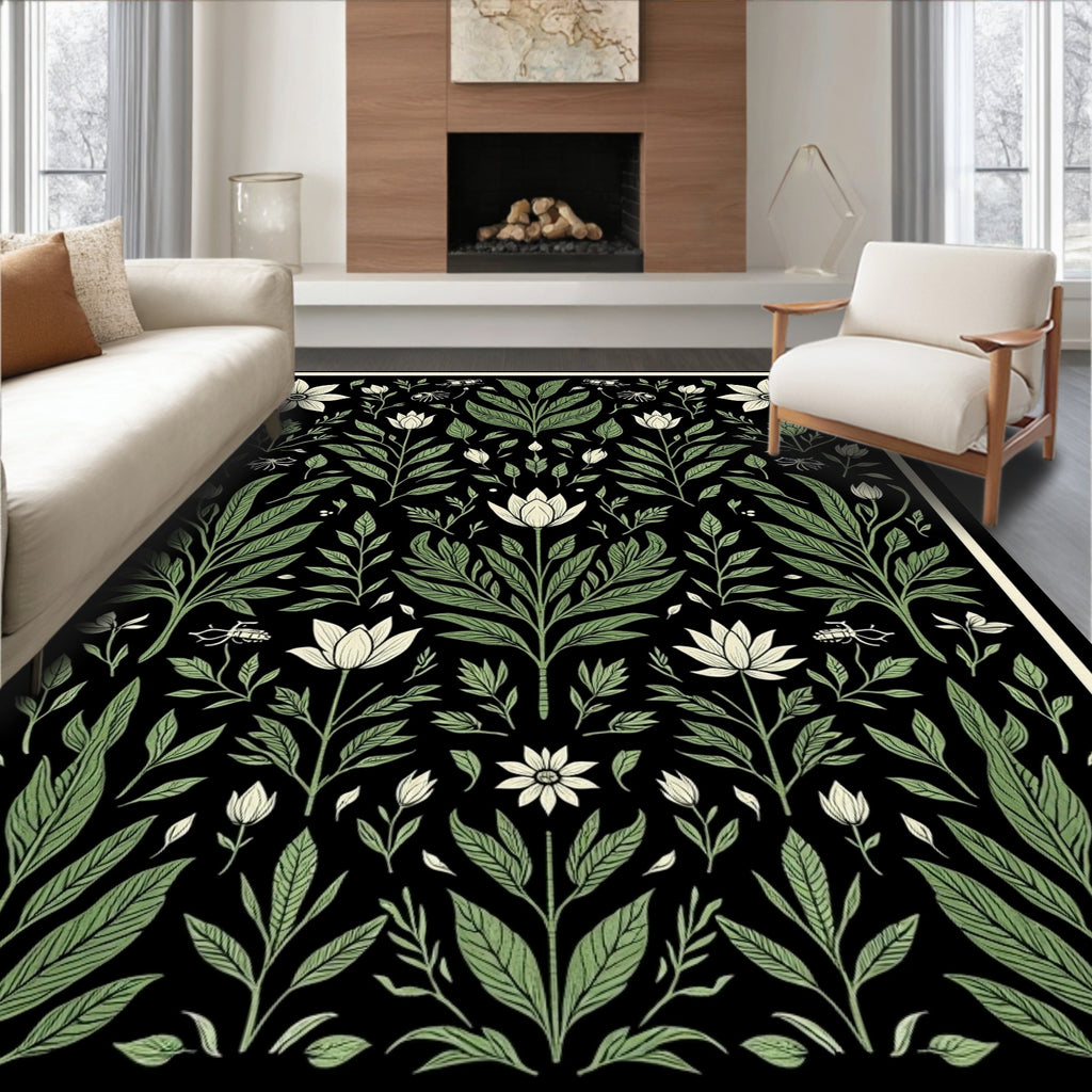 Botanical Black Floral Garden Arrangement Rug
