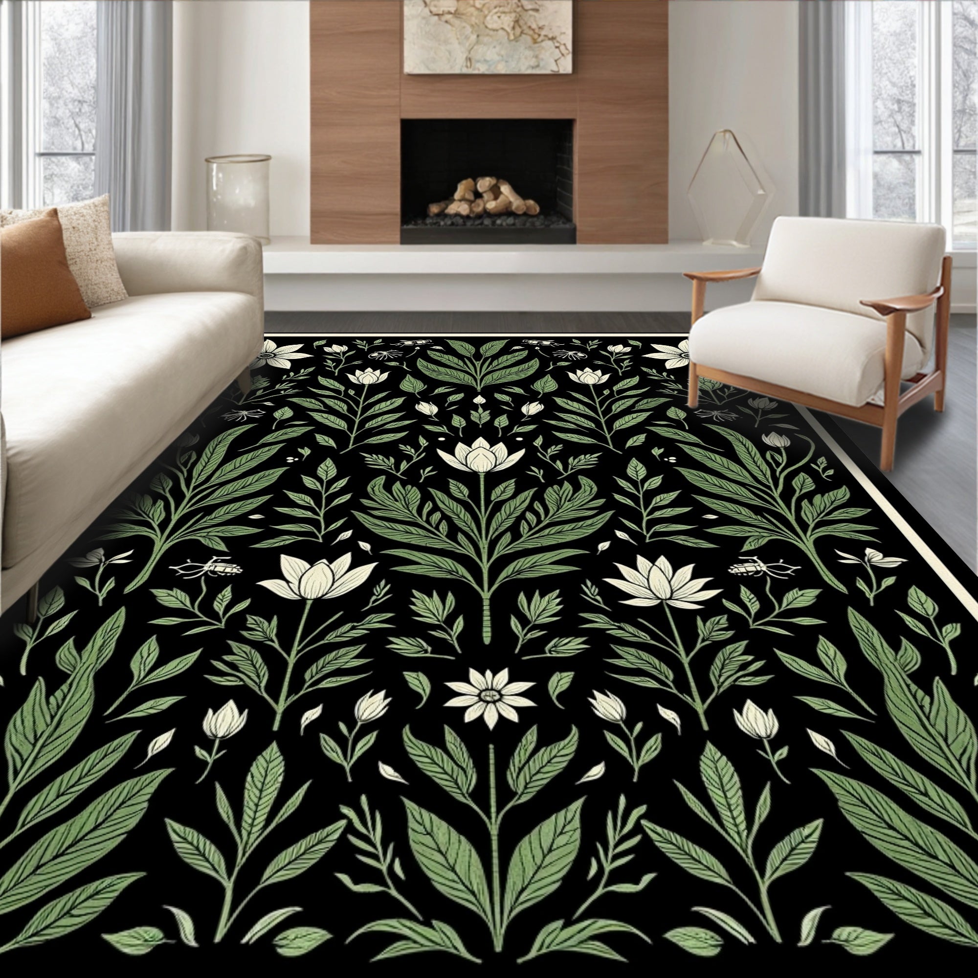 Botanical Black Floral Garden Arrangement Rug