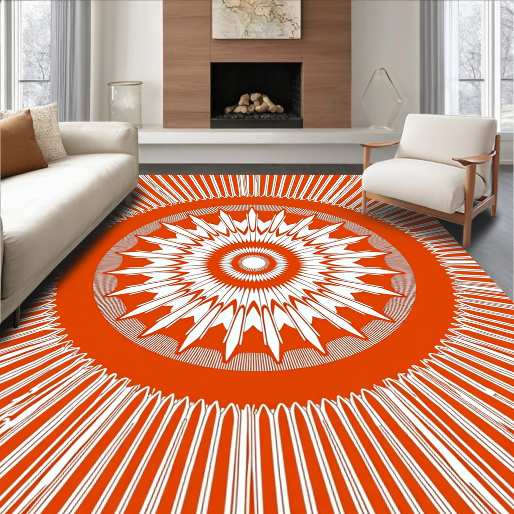 Orange White Radial Sunburst Design Rug