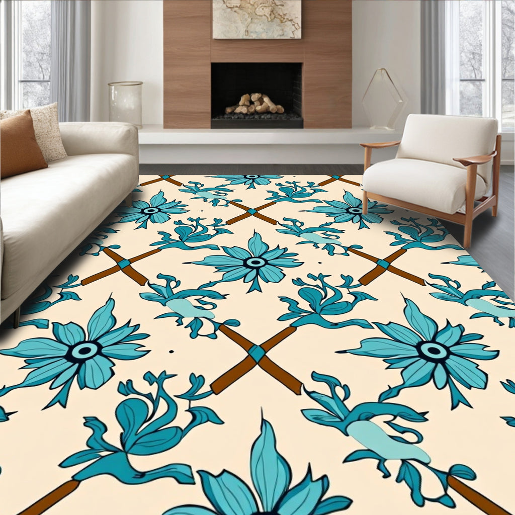 Elegant Teal Floral Diamond Pattern Rug