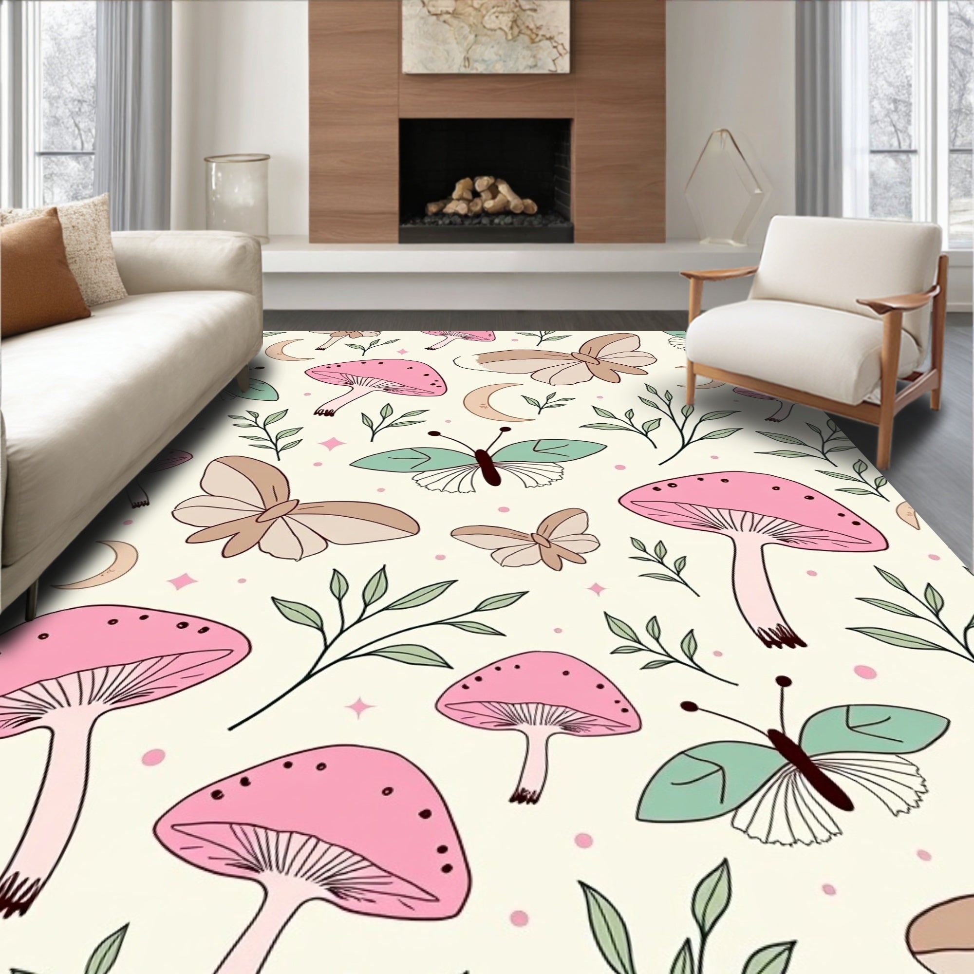 Whimsical Mushrooms Butterflies Moons Pattern Rug