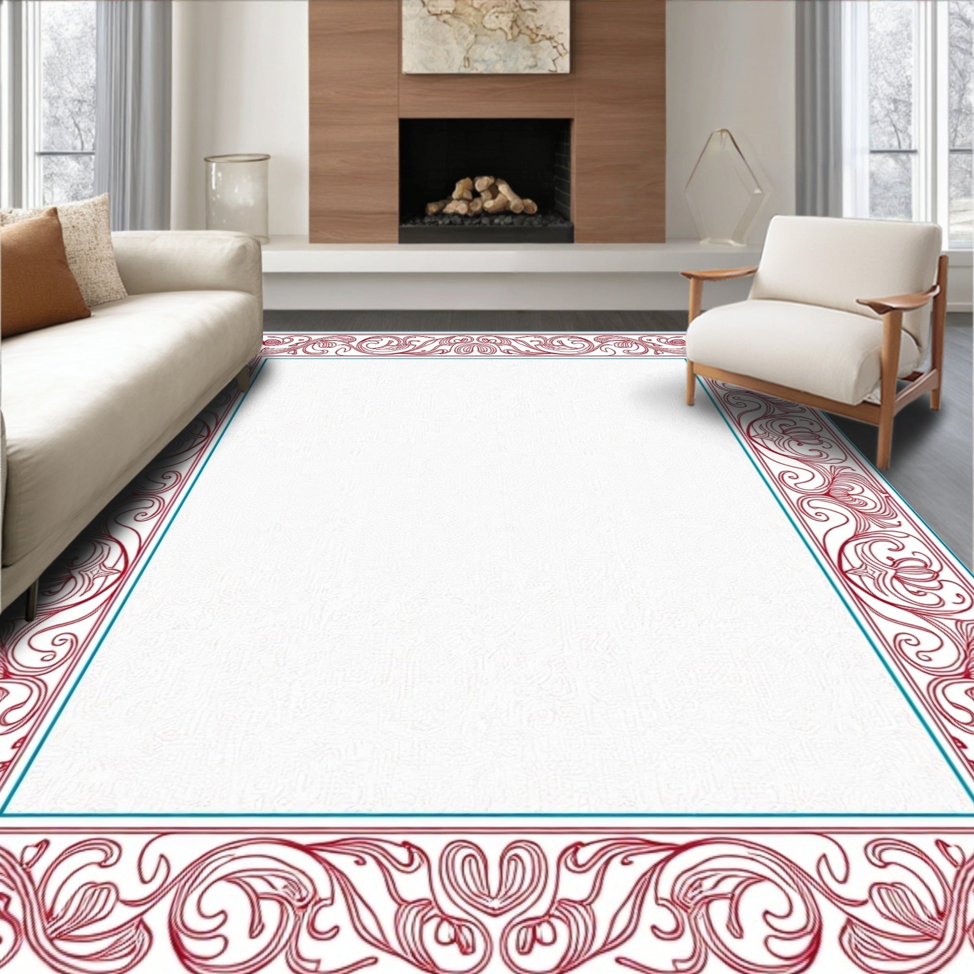Ornate Red Blue Floral Scroll Border Rug