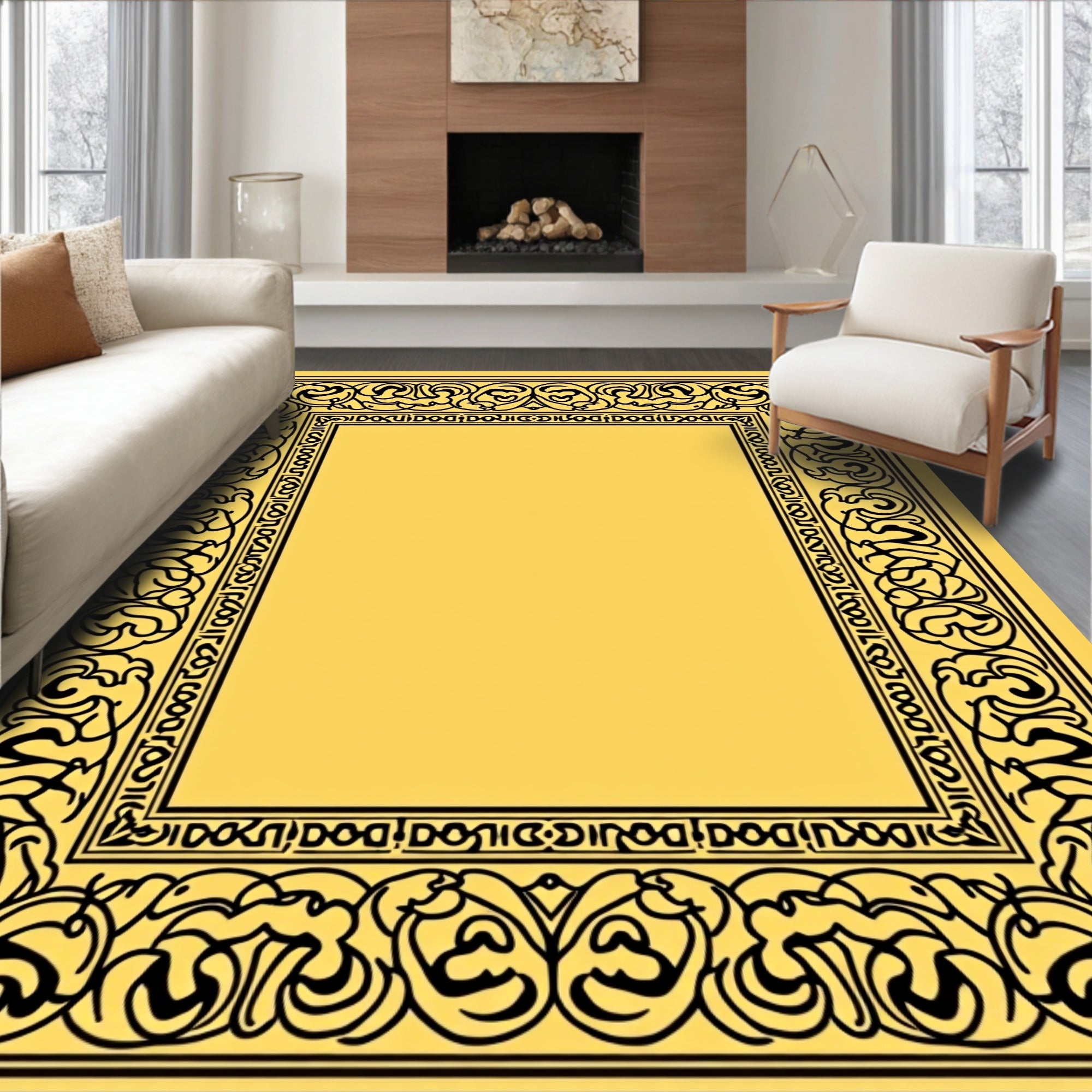 Elegant Black Floral Motif Frame Rug