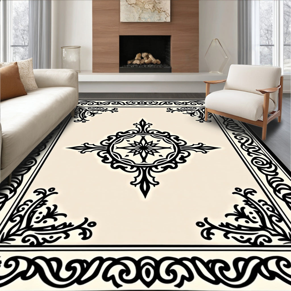 Classic Ornate Scrollwork Black Pattern Rug