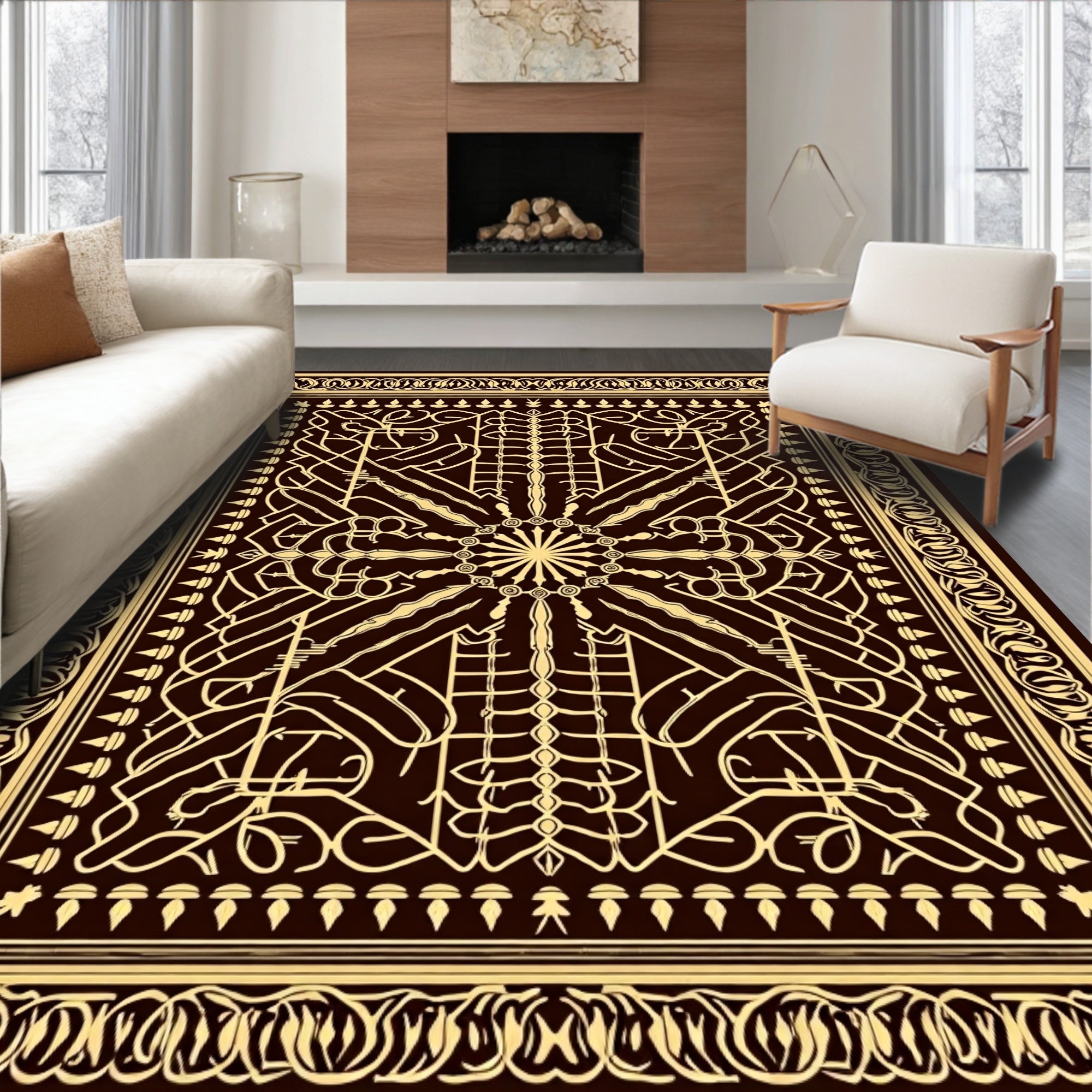 Ornate Gold Brown Intricate Geometric Rug