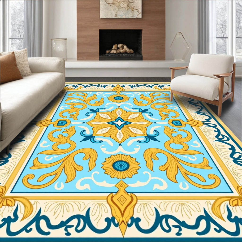 Blue Yellow Floral Medallion Pattern Rug