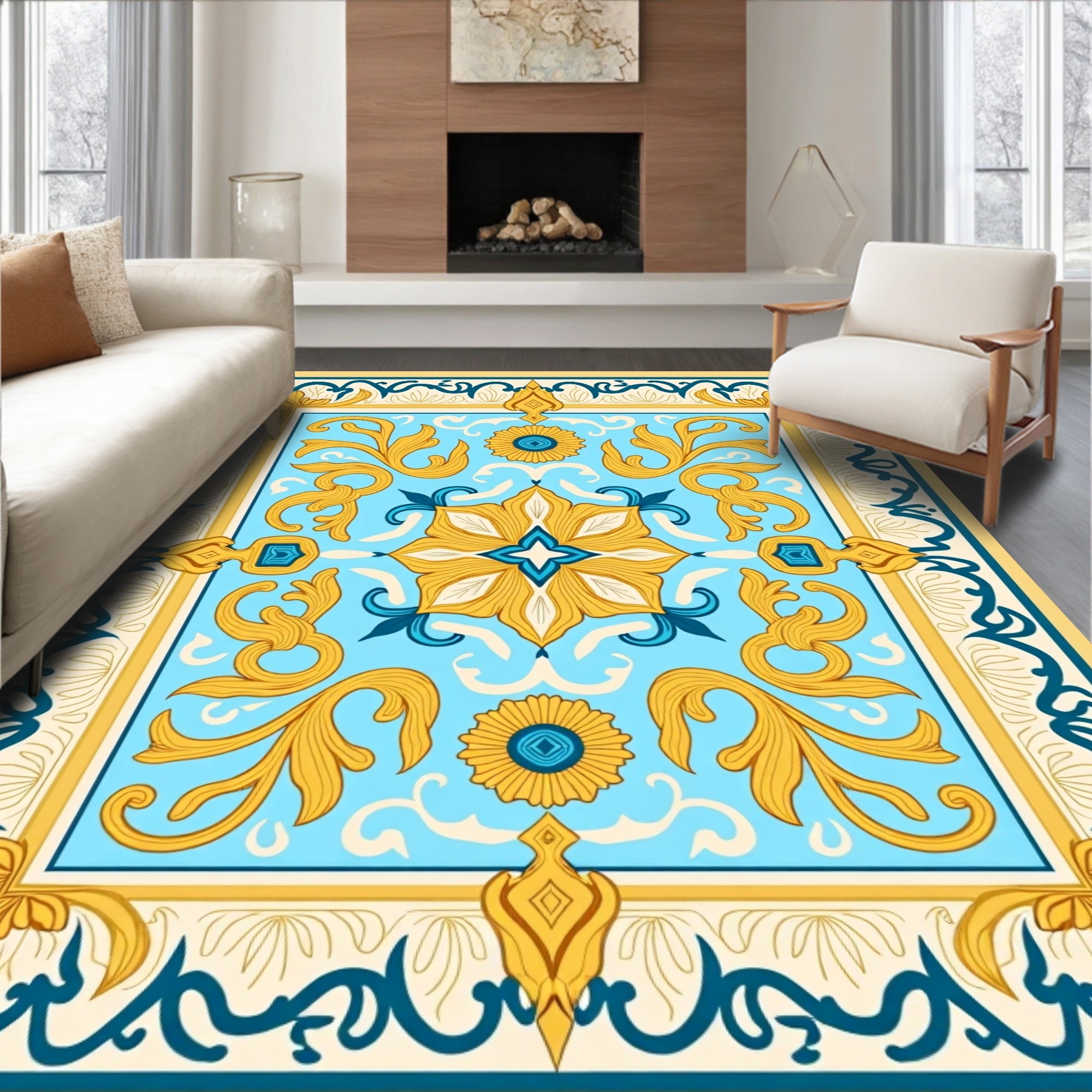 Blue Yellow Floral Medallion Pattern Rug