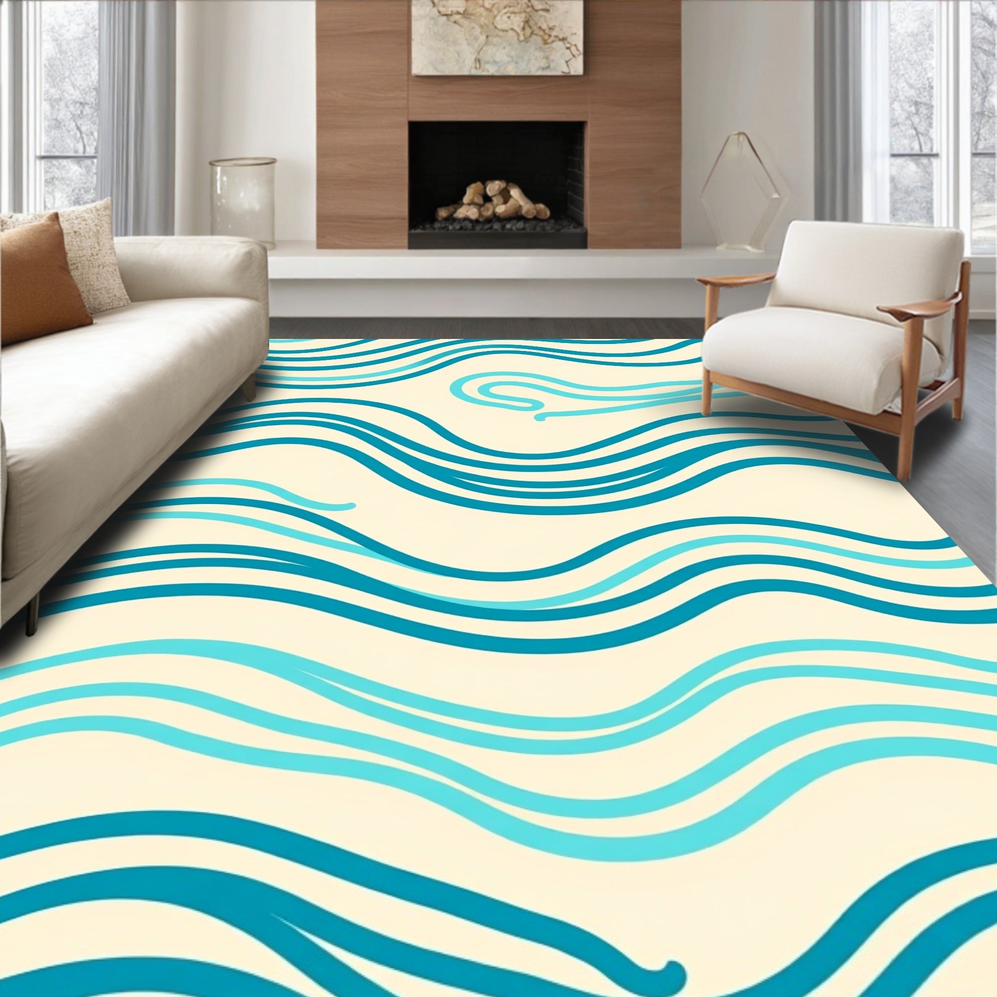 Watery Blue Wavy Lines Design Rug