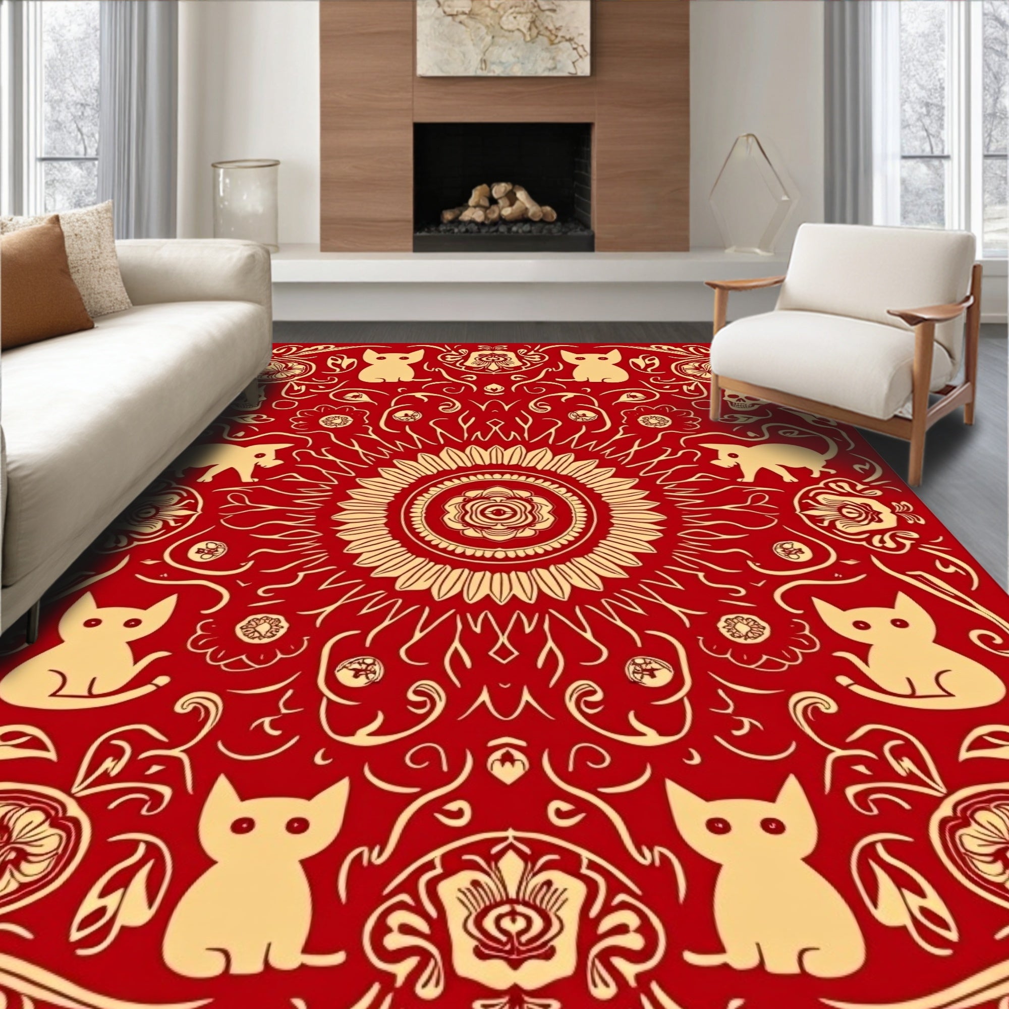 Red Cat And Skull Pattern Rug