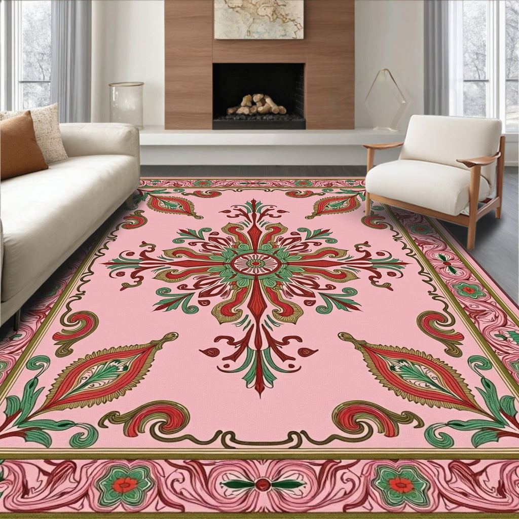 Intricate Floral Bordered Pink Pattern Rug