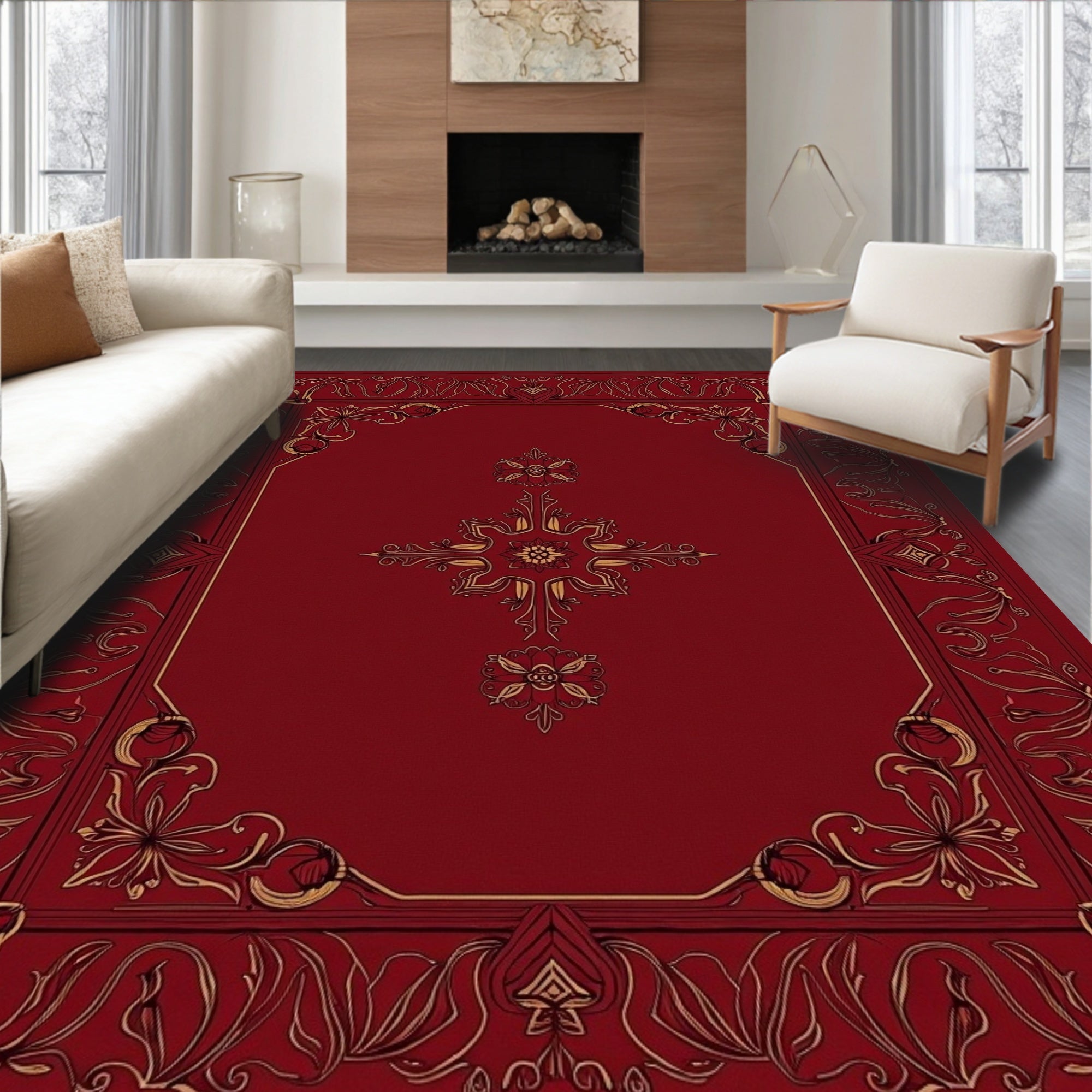 Ornate Floral Red And Gold Pattern Rug