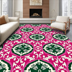 Bold Pink Green Floral Medallion Pattern Rug