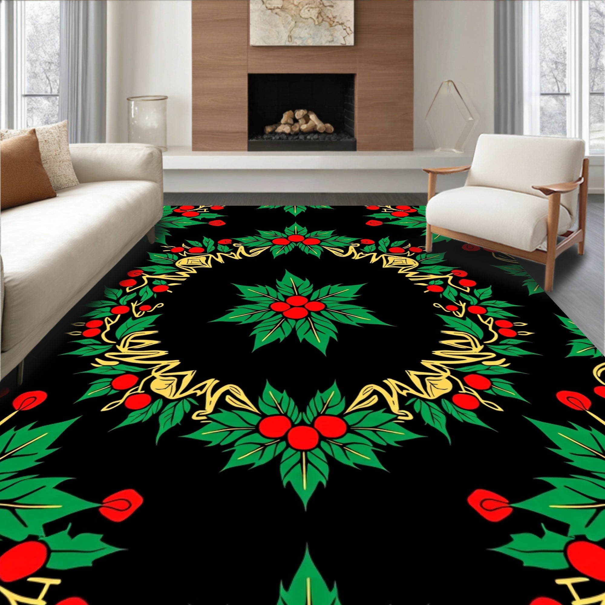 Red Green Holly Berry Garland Pattern Rug
