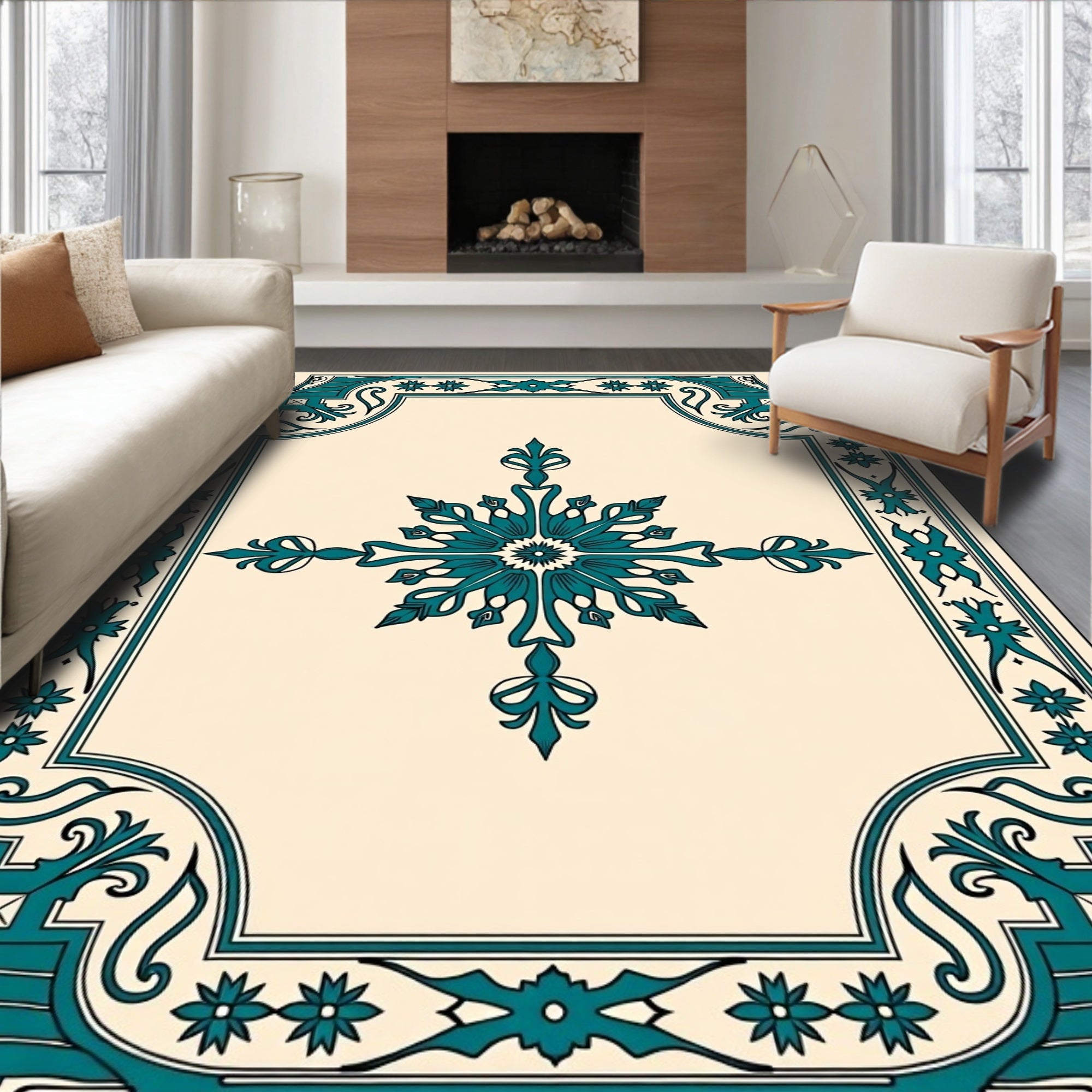 Teal Floral Medallion Border Rug