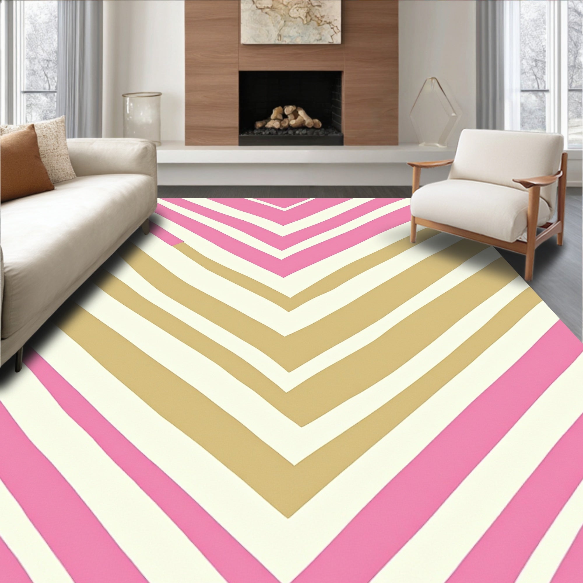 Pink Golden Cream Chevron Stripes Rug