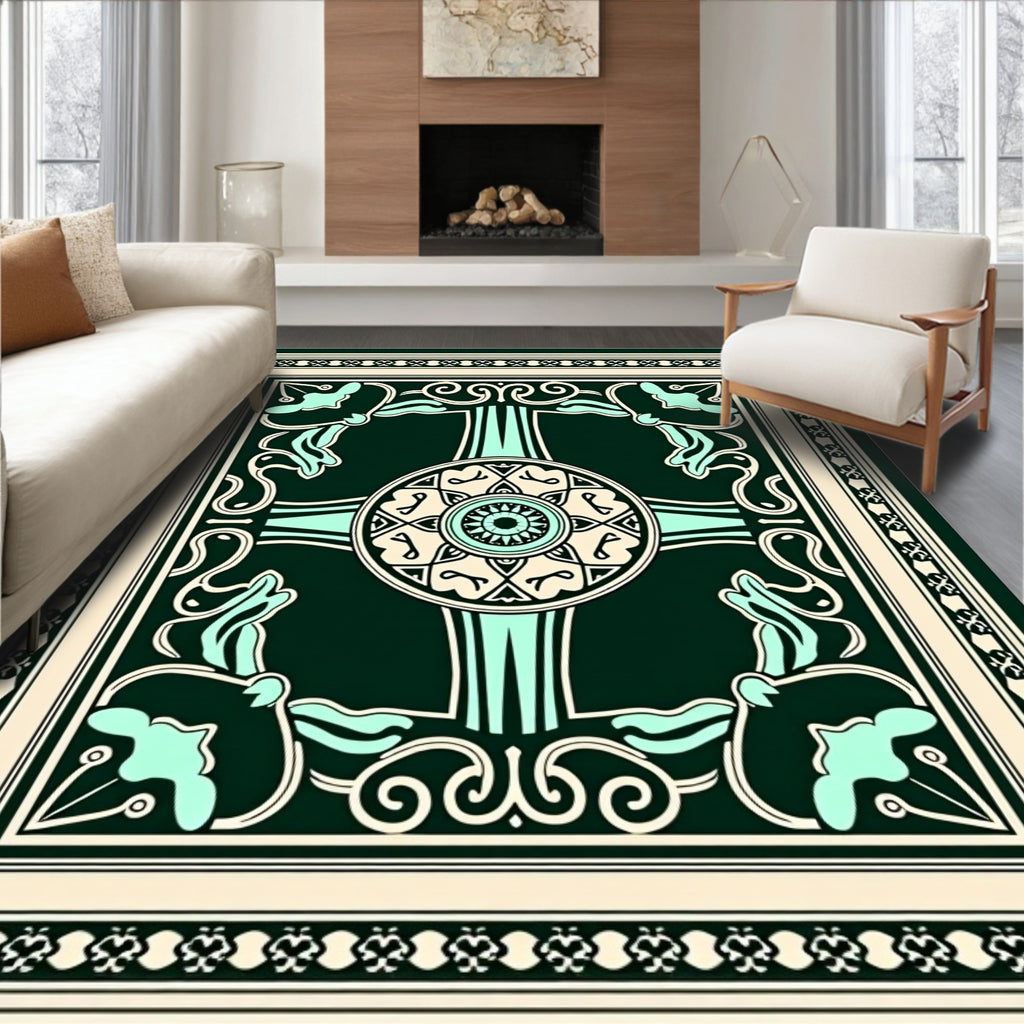 Emerald Cream Teal Floral Mandala Rug